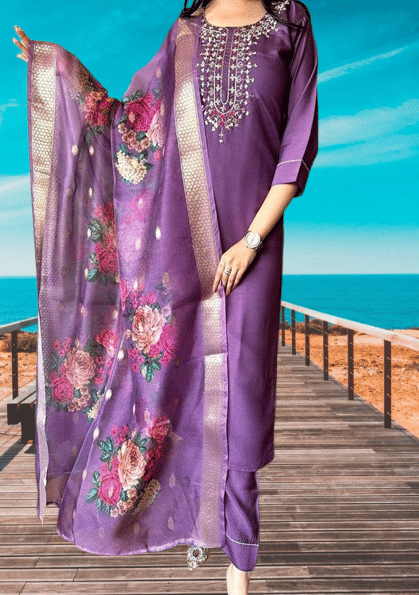     			KRISHNA ENTERPRISE Women Cotton Blend Embroidered A-line Kurti With Salwar ( Purple )