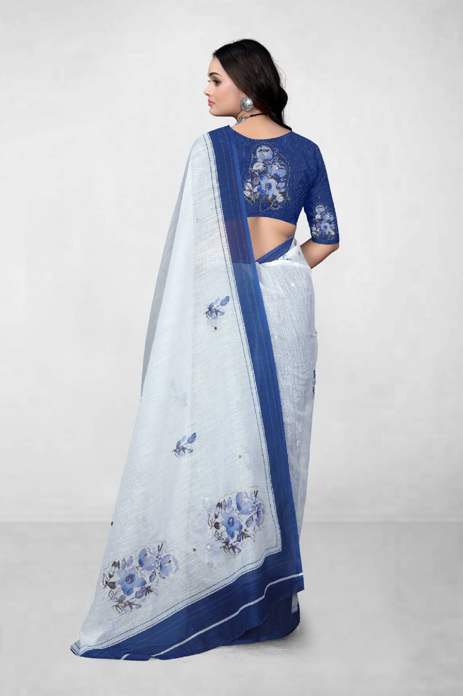     			Kalpana Creation Linen Printed Saree With Unstitched Blouse Piece ( Blue )