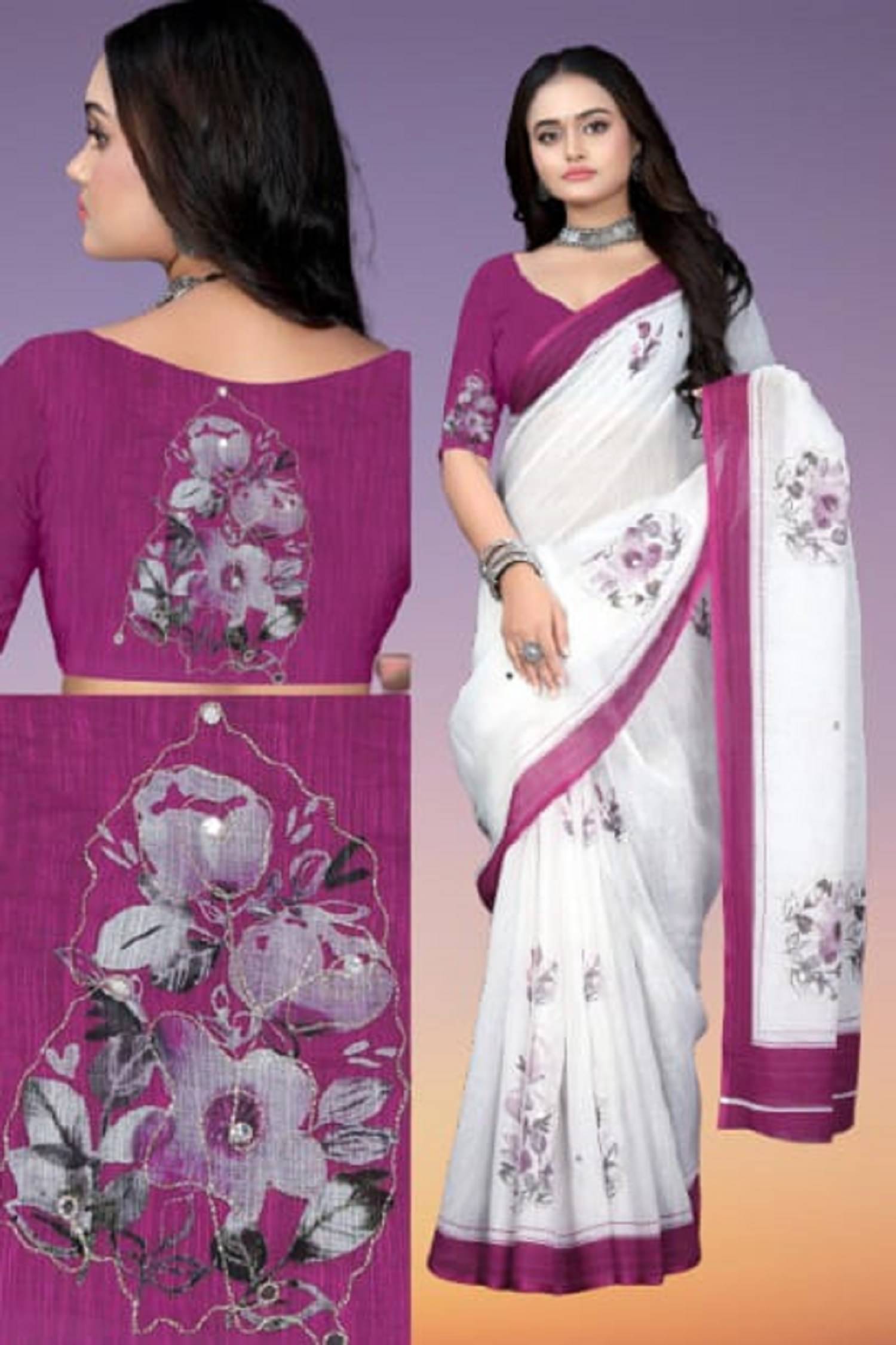     			Kalpana Creation Linen Printed Saree With Unstitched Blouse Piece ( Magenta )