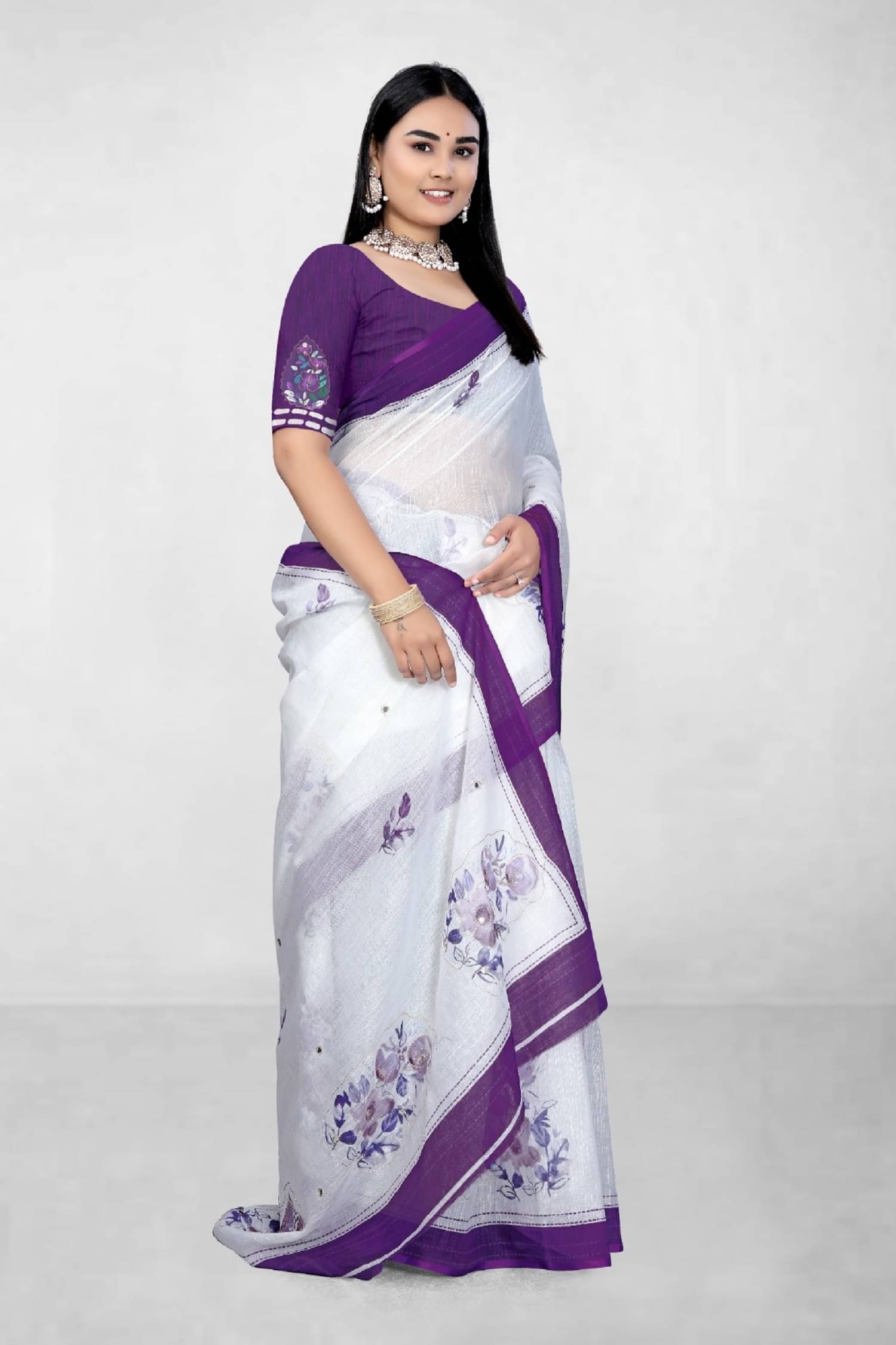     			Kalpana Creation Linen Printed Saree With Unstitched Blouse Piece ( Purple )