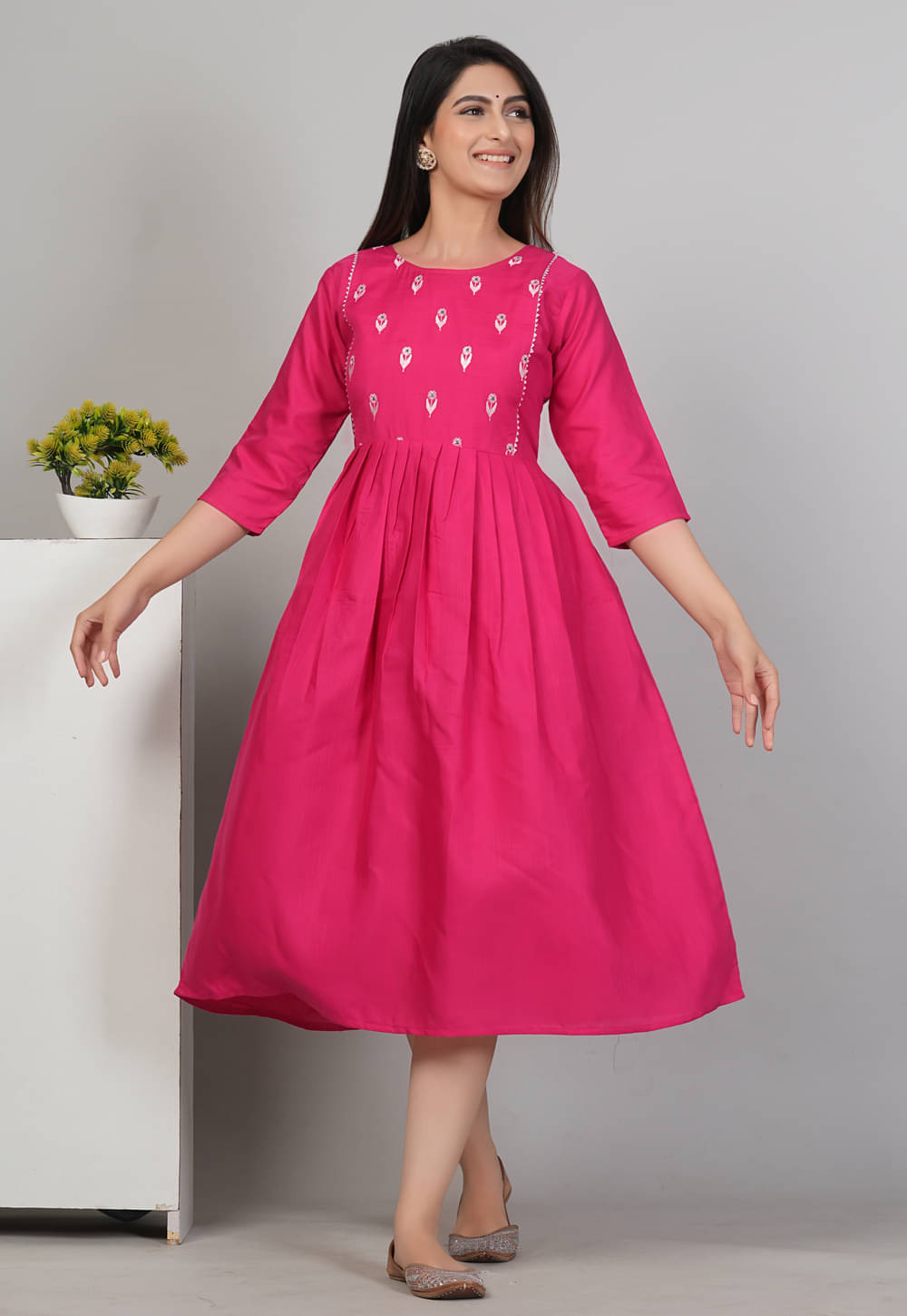 RIAANA Women Cotton Embroidered Anarkali Kurti ( Pink ) RIAANA Women Cotton Embroidered Anarkali Kurti ( Pink )