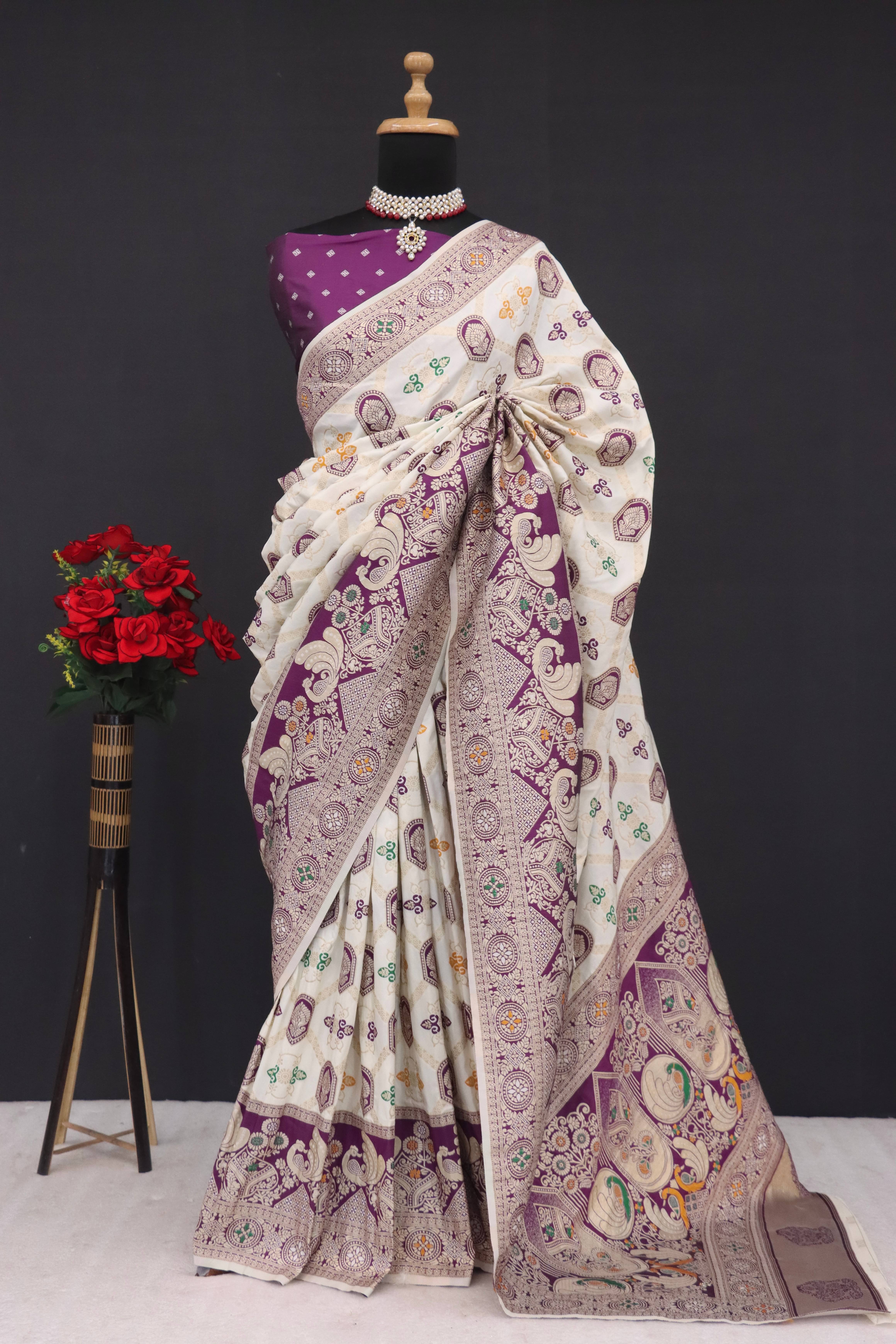 SHIRODHARI Silk Blend Woven Saree With Unstitched Blouse Piece ( Purple ) SHIRODHARI Silk Blend Woven Saree With Unstitched Blouse Piece ( Purple )