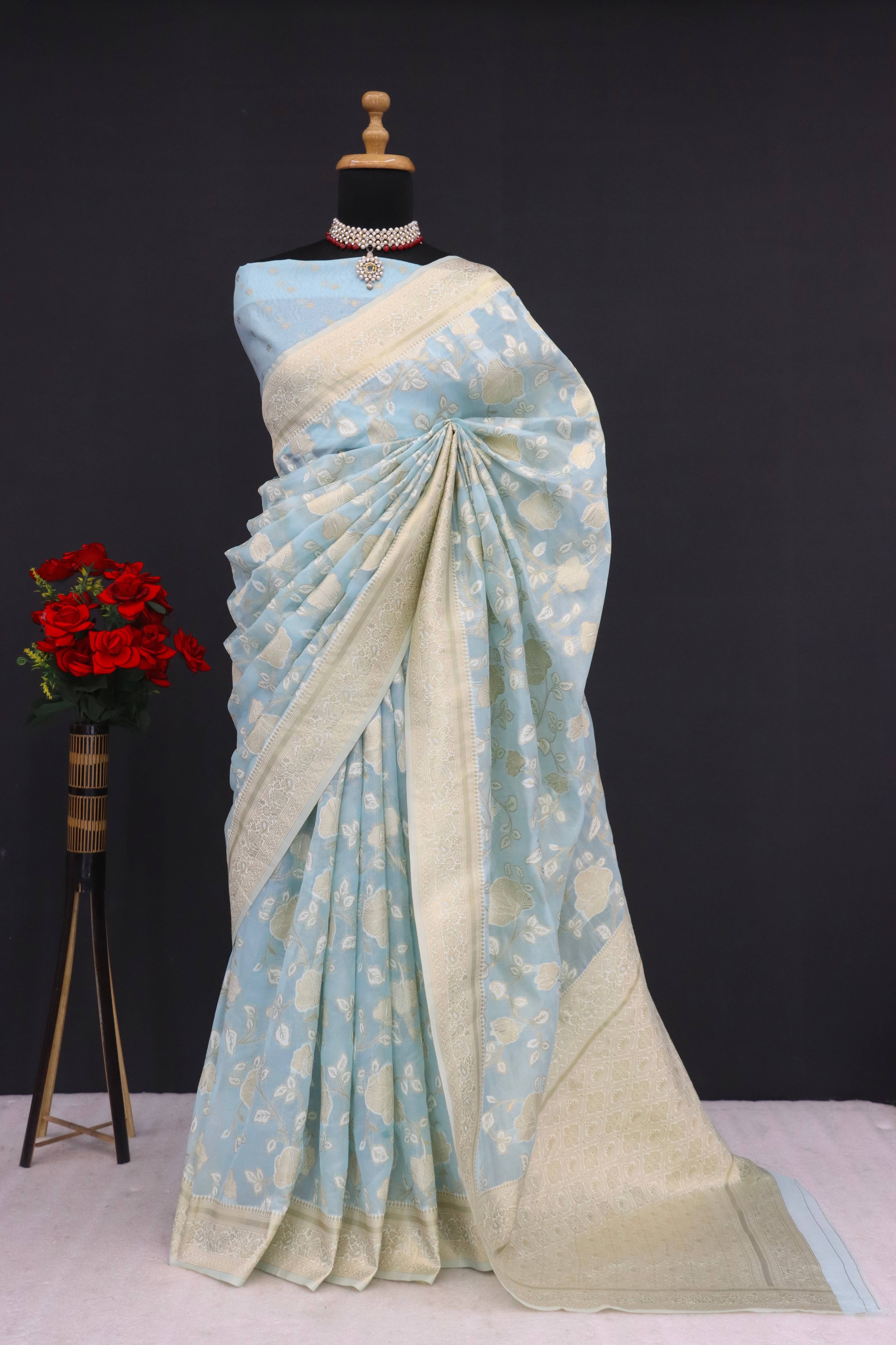     			SHIRODHARI Tissue Solid Saree With Unstitched Blouse Piece ( Sky Blue )