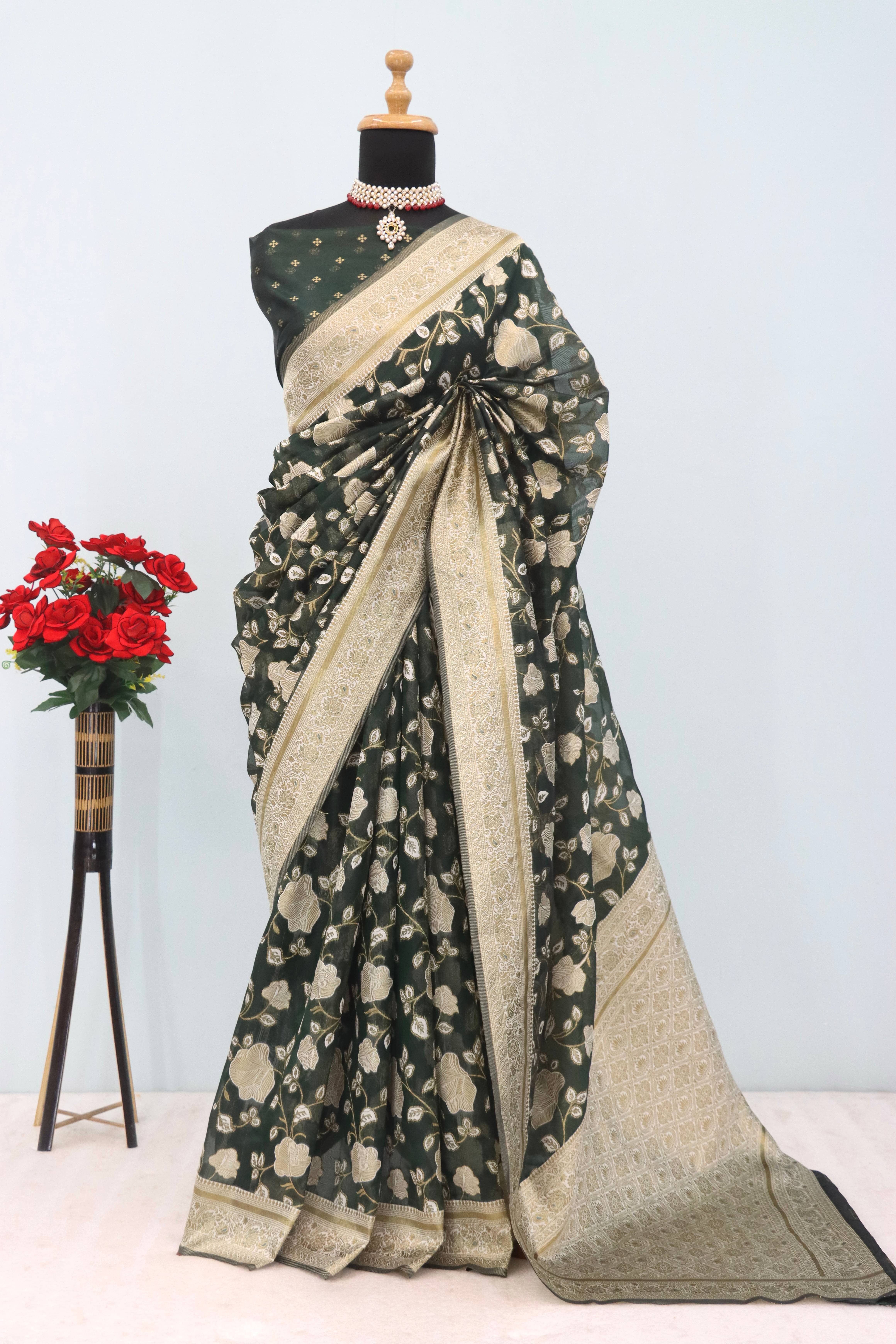 SHIRODHARI Tissue Woven Saree With Unstitched Blouse Piece ( Green ) SHIRODHARI Tissue Woven Saree With Unstitched Blouse Piece ( Green )