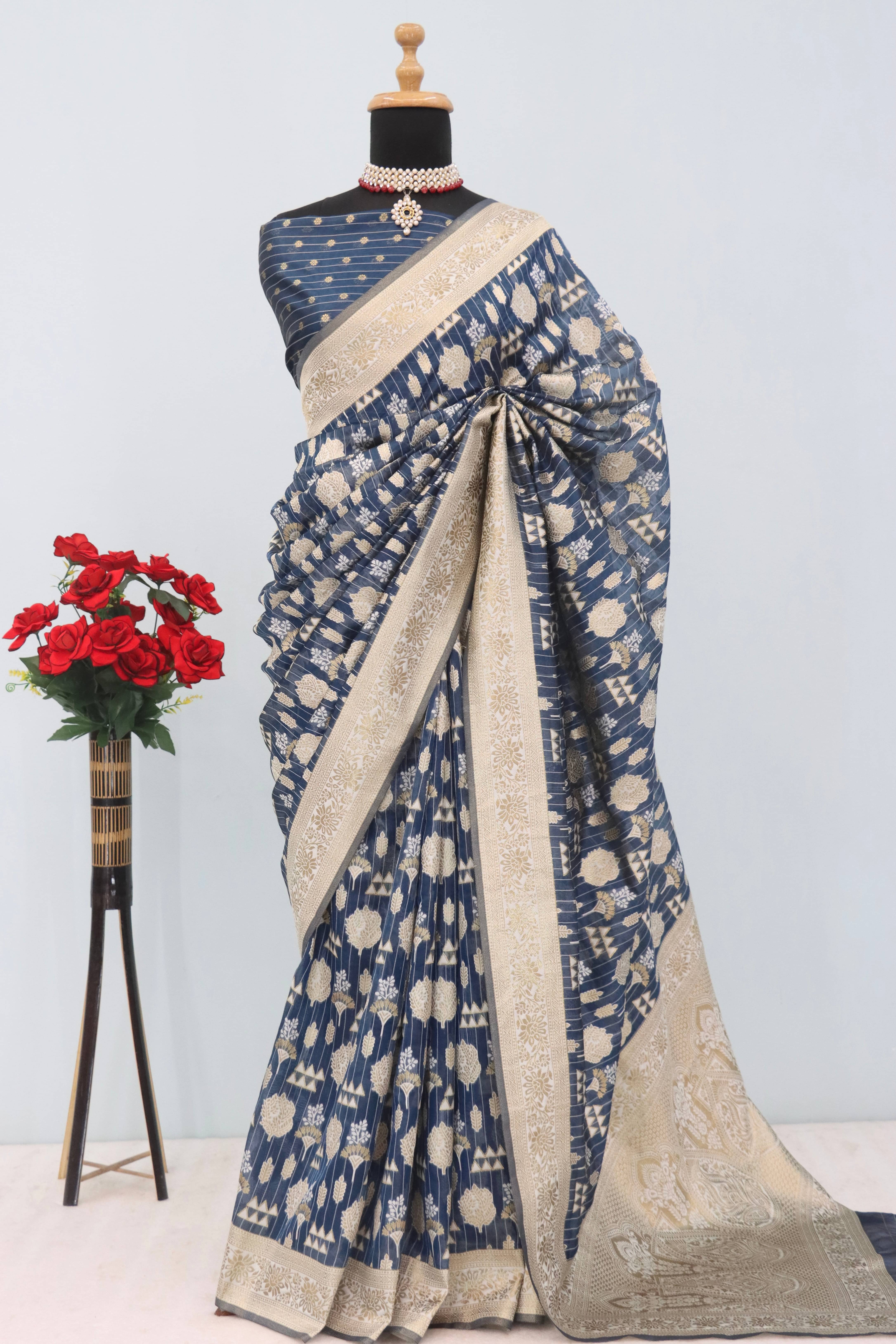 SHIRODHARI Tissue Woven Saree With Unstitched Blouse Piece ( Blue ) SHIRODHARI Tissue Woven Saree With Unstitched Blouse Piece ( Blue )