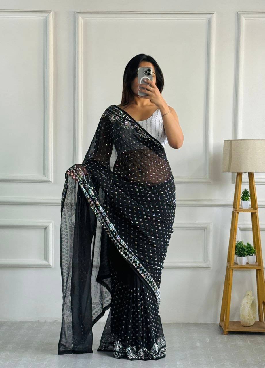     			STYLEE COUTURE Georgette Embellished Saree With Unstitched Blouse Piece ( Black )