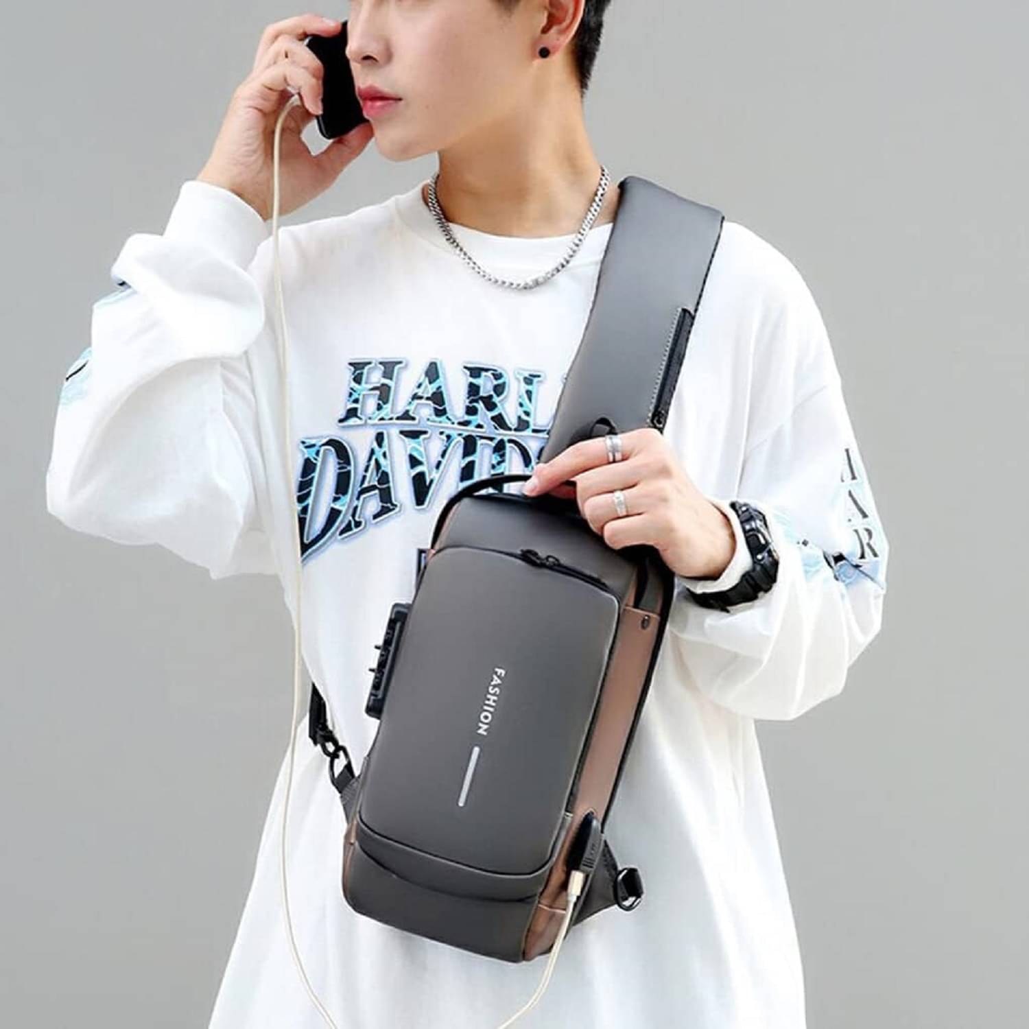     			Shopeleven Grey Solid Messenger Bag