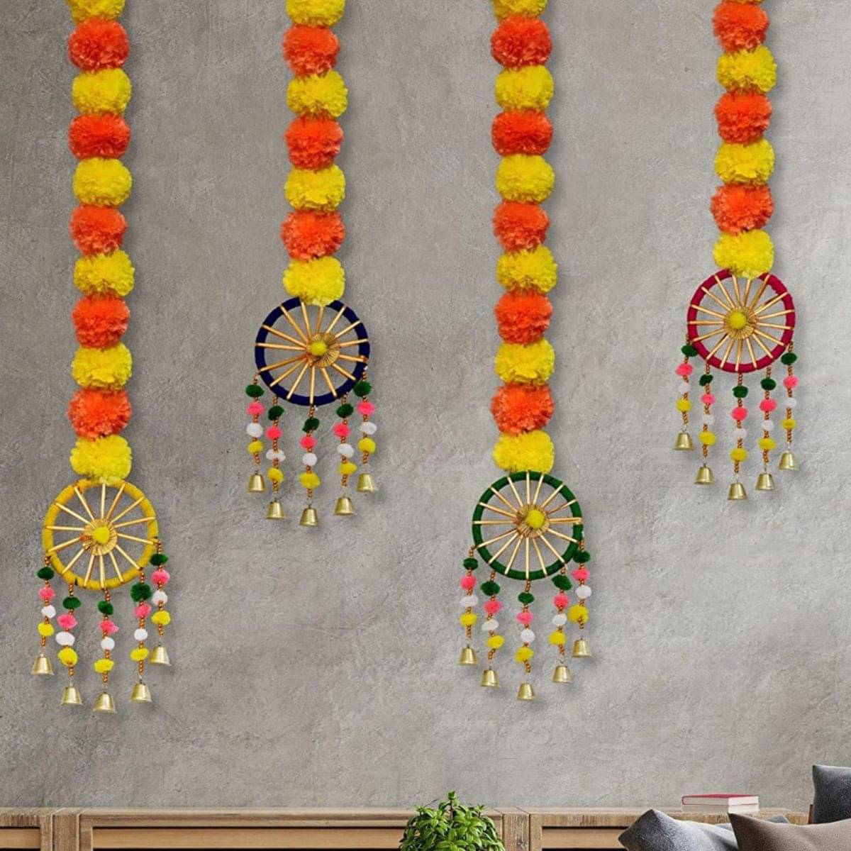     			Tiny Shiny Handmade Artificial Marigold Fluffy Flowers Garland Colorful Wall Door Hanging, Toran for Home Pooja Room Wedding Decoration