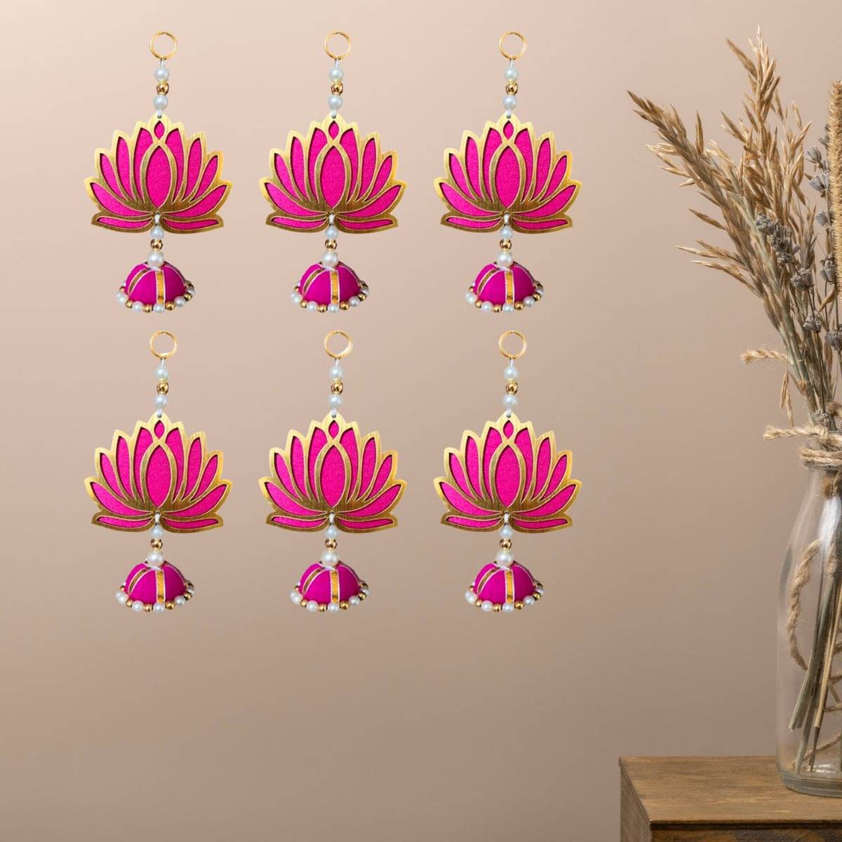    			Tiny Shiny Handmade Decorative Lotus Wall Hangings with Pearl Beads, Pink and Gold, Set of 6 for Home Decor