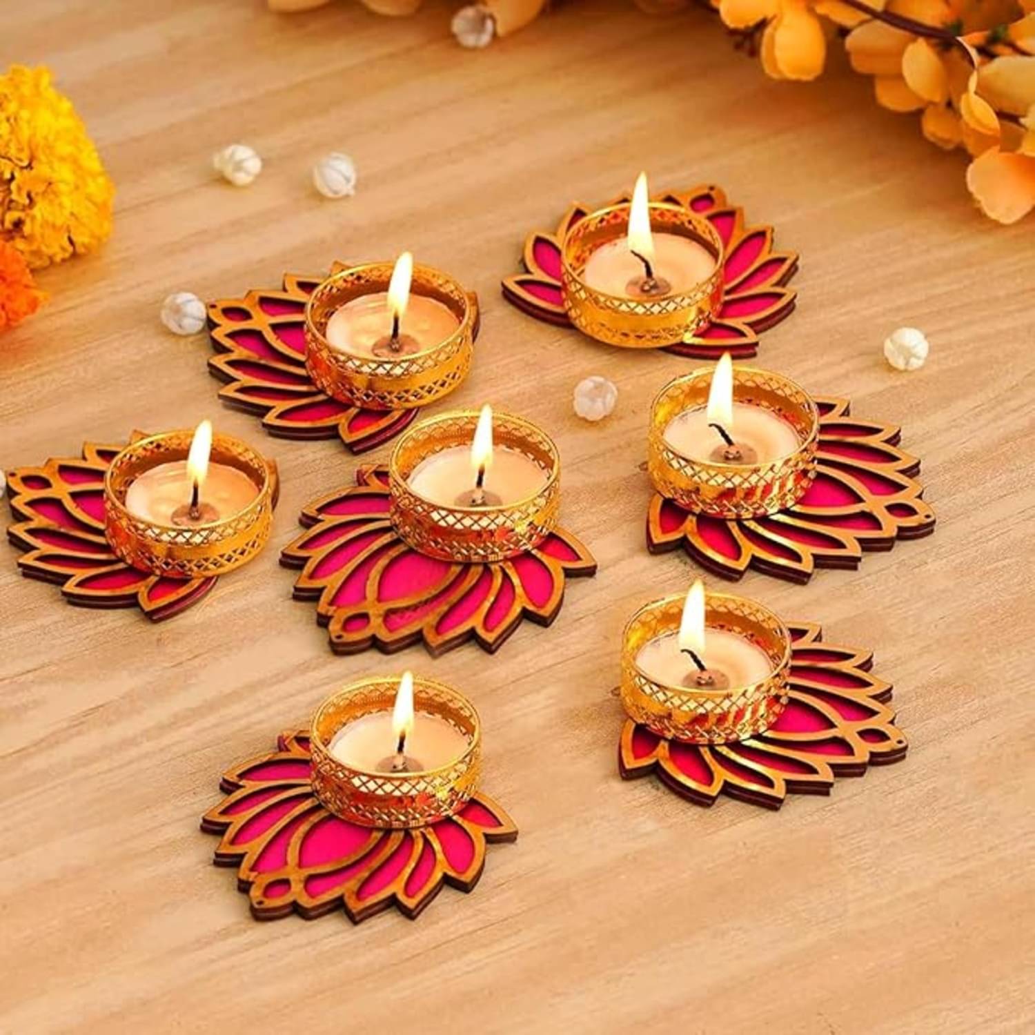     			Tiny Shiny Pink Floor Wood Pillar Candle Holder - Pack of 7