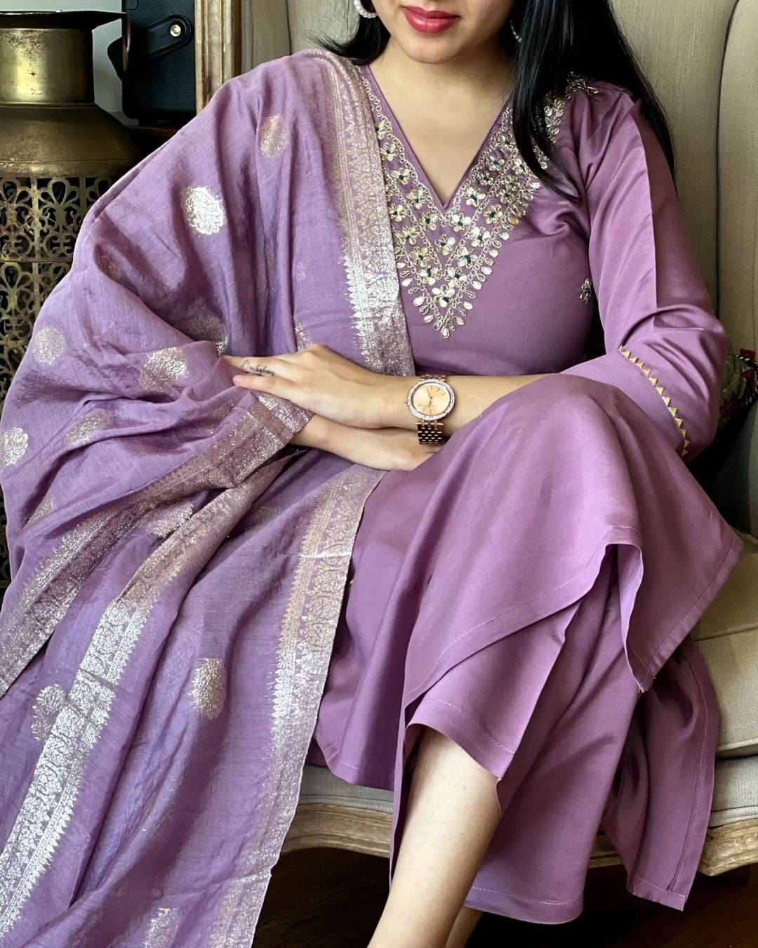     			Topshop Fashion Women Chanderi Embroidered A-line Kurti With Pants ( Purple )