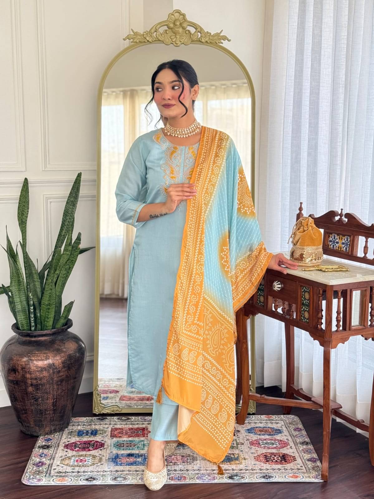     			ZINDORA Women Chanderi Embroidered Straight Kurti With Pants ( Blue )