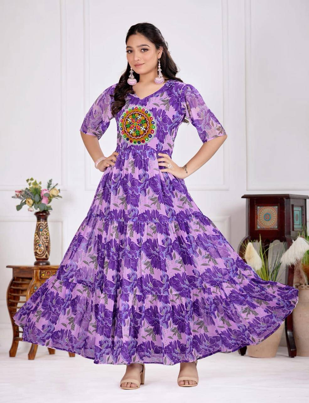     			keshav fashion Women Georgette Flared Stitched Ethnic Gown ( Purple )