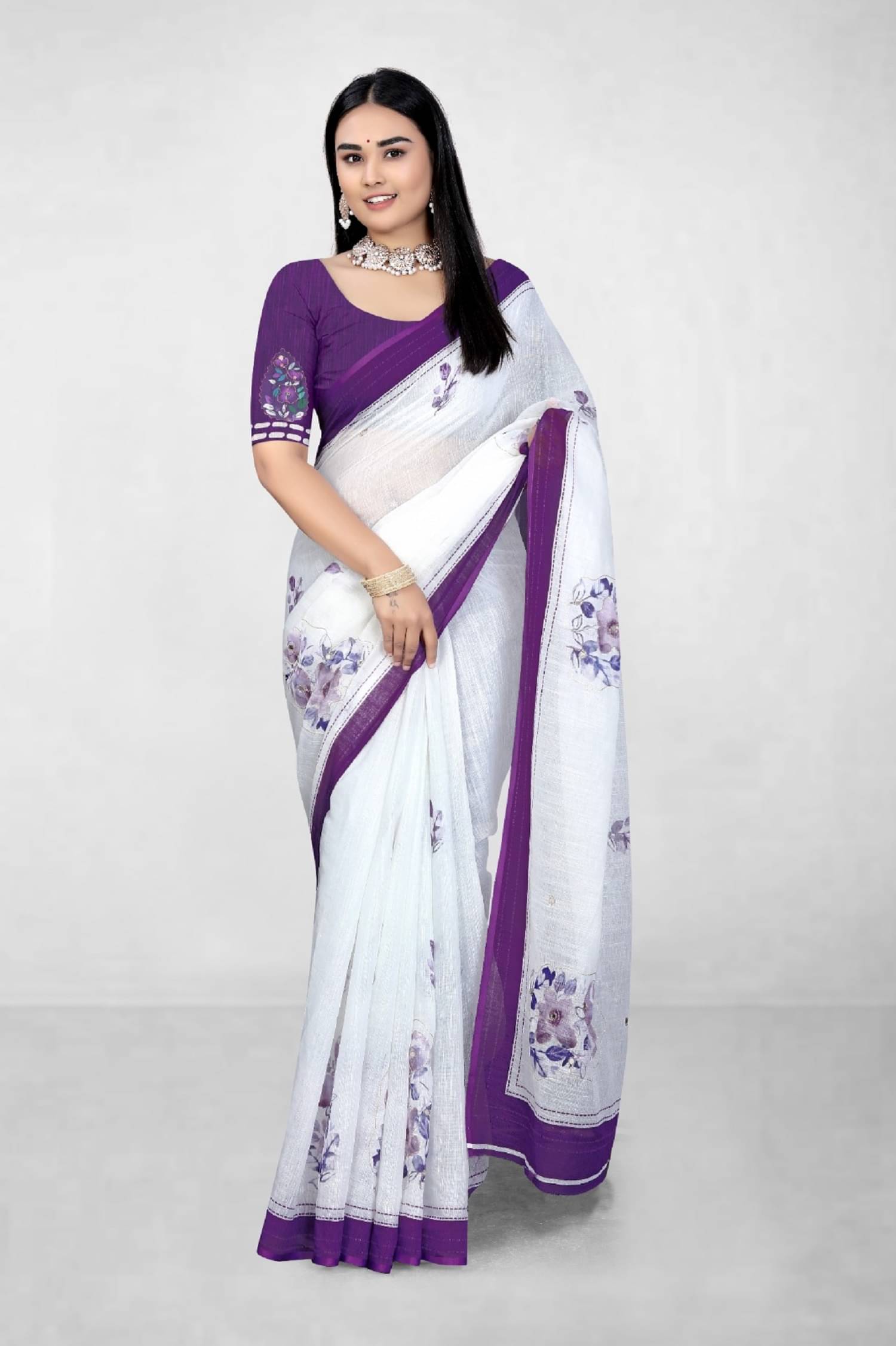     			supalee Tex Linen Printed Saree With Unstitched Blouse Piece ( Purple )