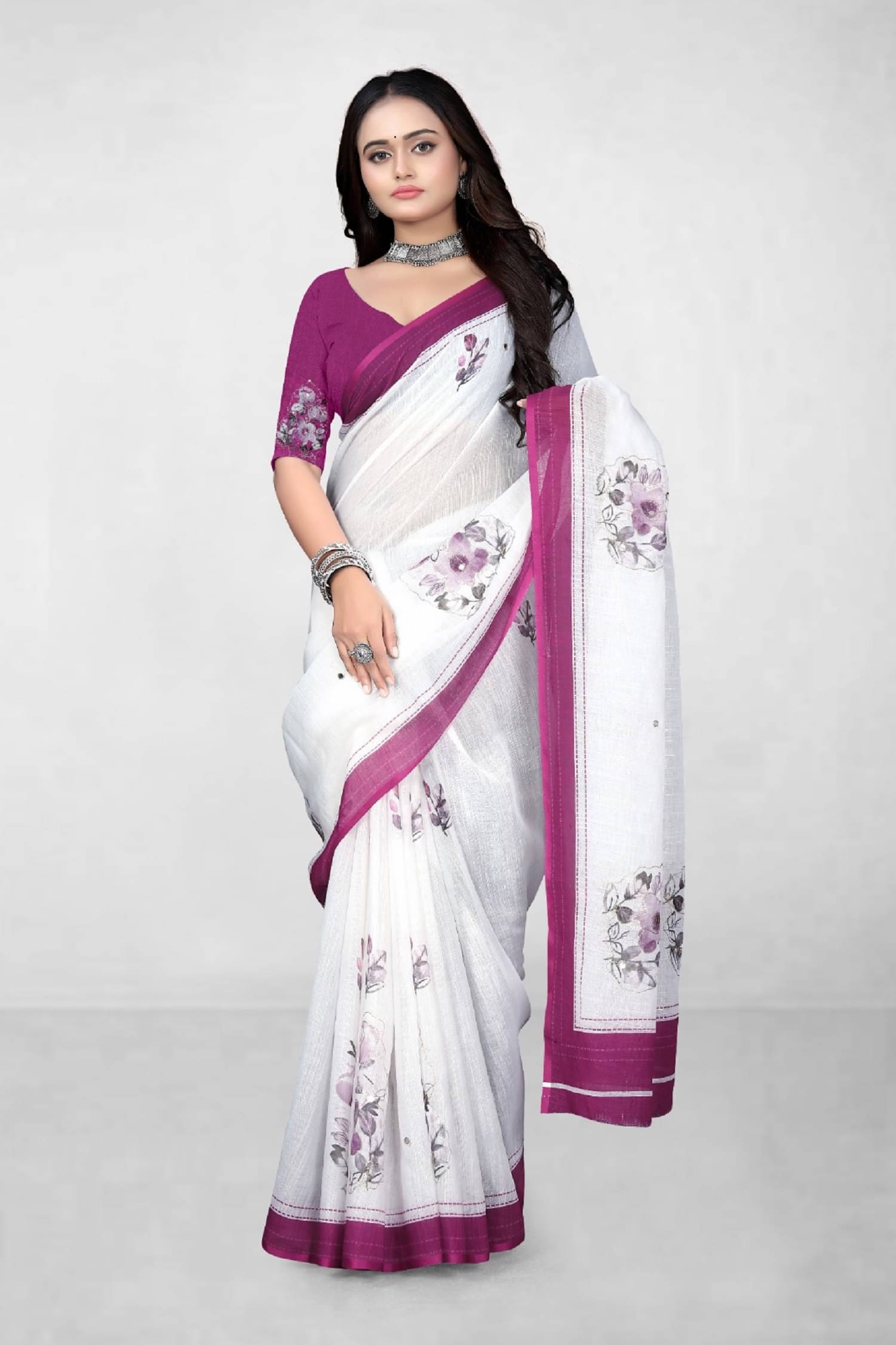 supalee Tex Linen Printed Saree With Unstitched Blouse Piece ( Magenta ) supalee Tex Linen Printed Saree With Unstitched Blouse Piece ( Magenta )