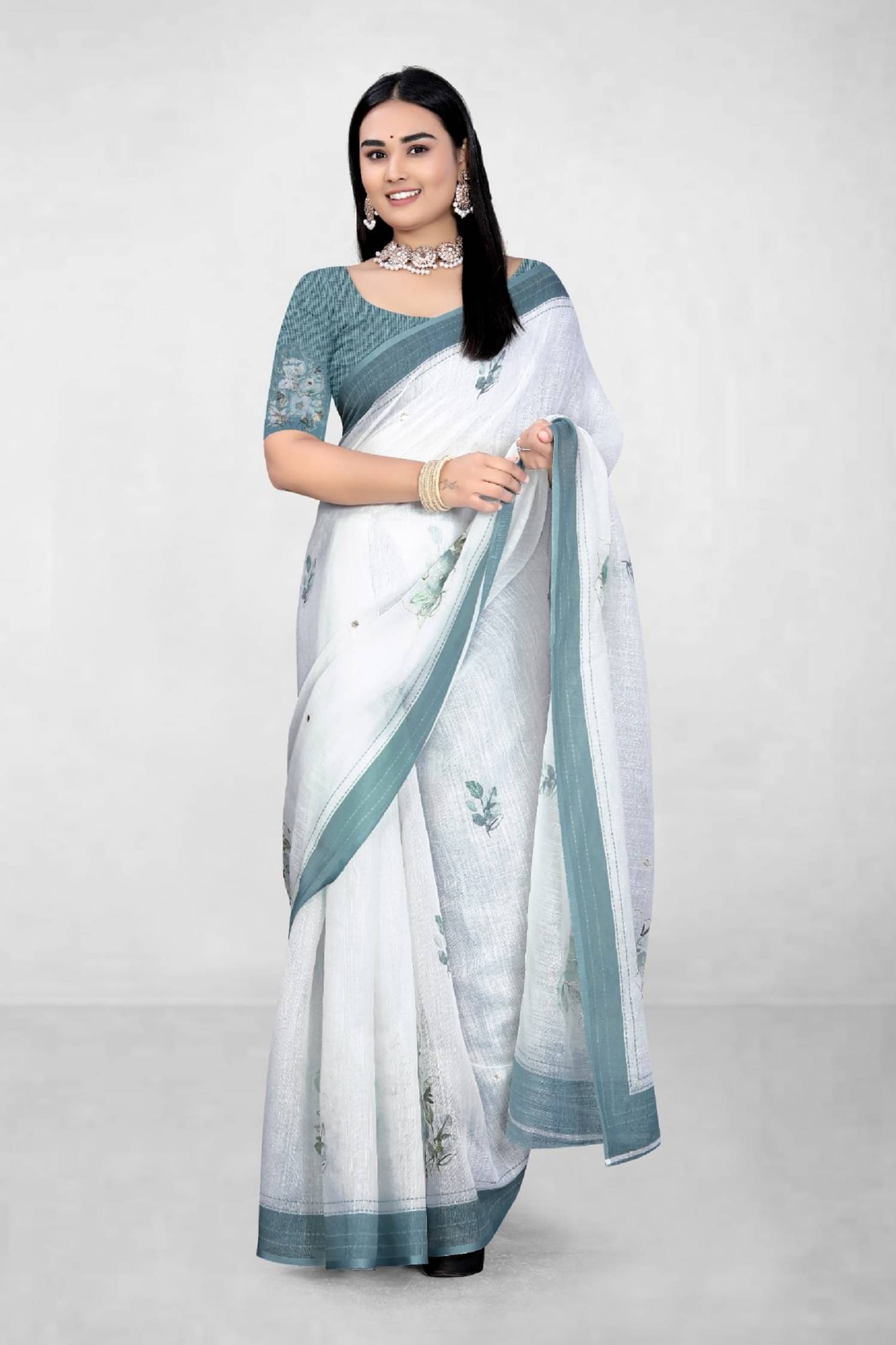 supalee Tex Linen Printed Saree With Unstitched Blouse Piece ( Indigo ) supalee Tex Linen Printed Saree With Unstitched Blouse Piece ( Indigo )