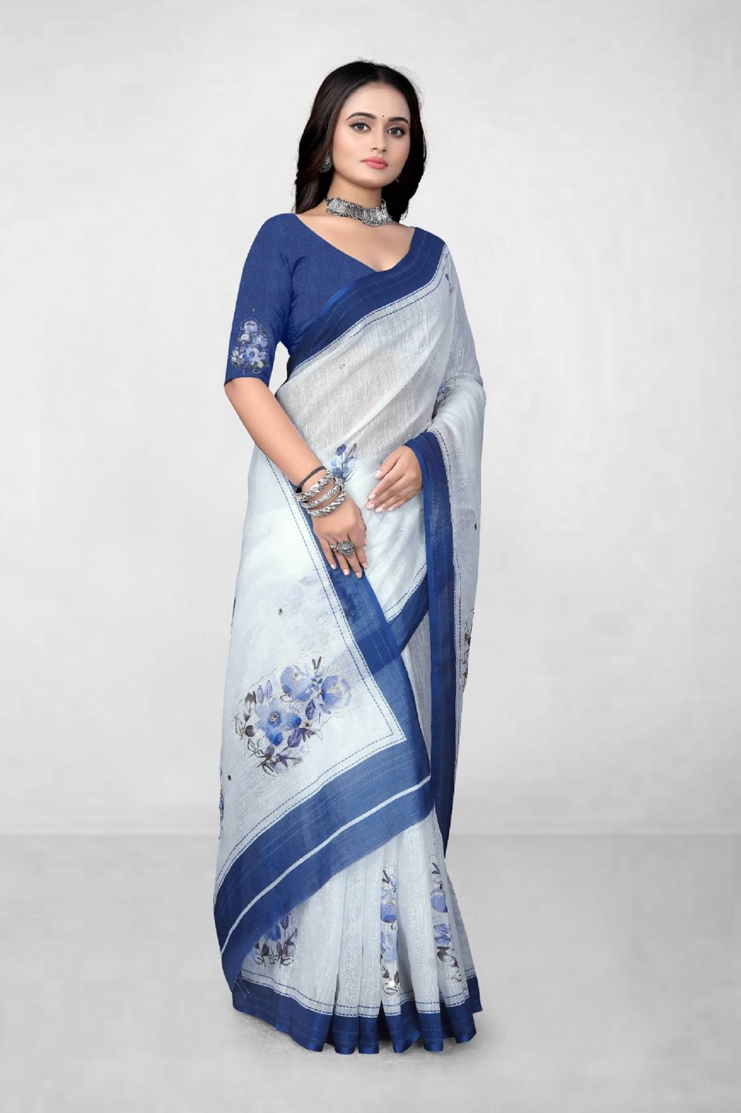 supalee Tex Linen Printed Saree With Unstitched Blouse Piece ( Blue ) supalee Tex Linen Printed Saree With Unstitched Blouse Piece ( Blue )