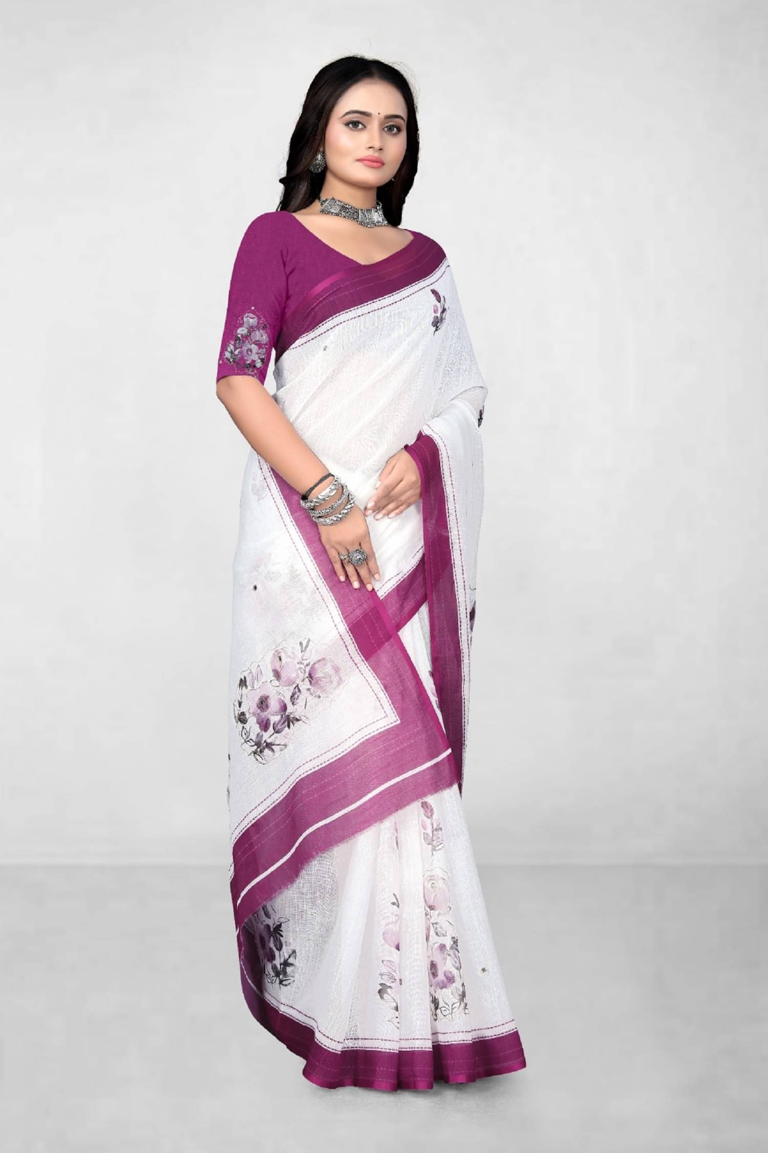 supalee Tex Linen Printed Saree With Unstitched Blouse Piece ( Magenta ) supalee Tex Linen Printed Saree With Unstitched Blouse Piece ( Magenta )