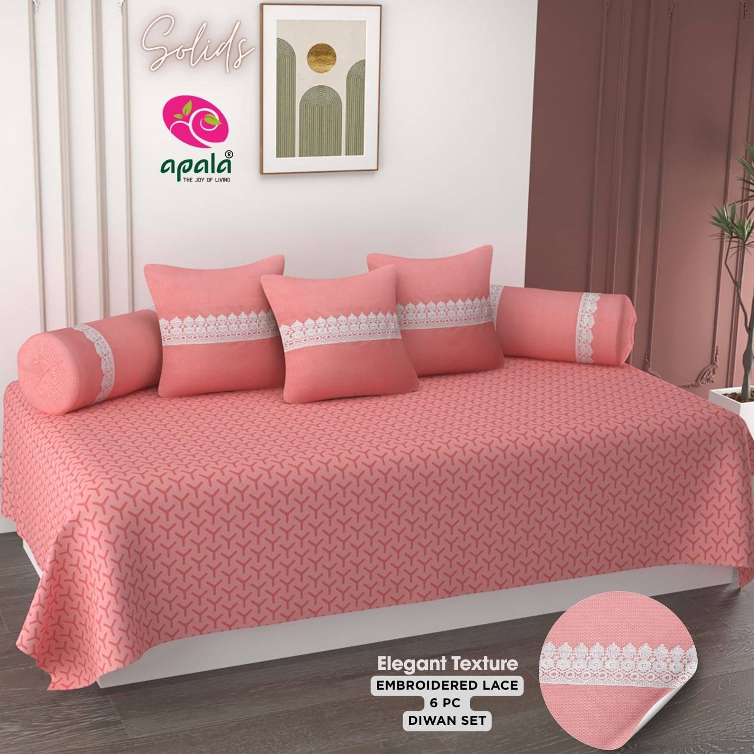 Apala Microfibre Embroidered Diwan Set 6 Pcs - Peach Apala Microfibre Embroidered Diwan Set 6 Pcs - Peach