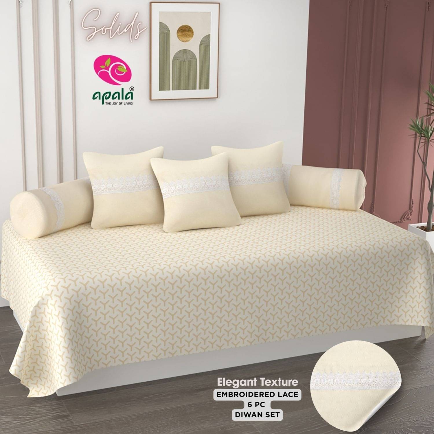 Apala Microfibre Embroidered Diwan Set 6 Pcs - Cream Apala Microfibre Embroidered Diwan Set 6 Pcs - Cream
