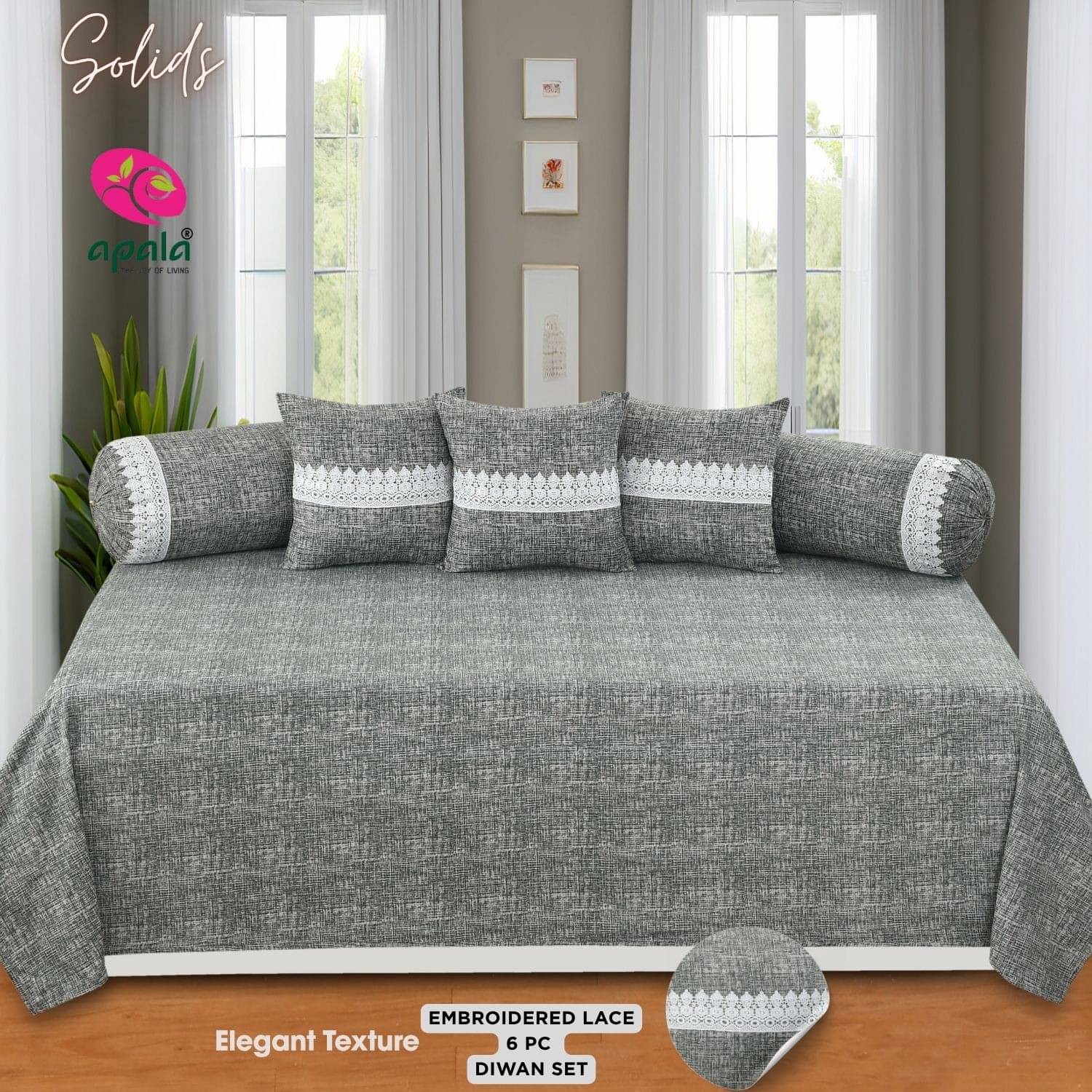 Apala Microfibre Embroidered Diwan Set 6 Pcs - Gray Apala Microfibre Embroidered Diwan Set 6 Pcs - Gray