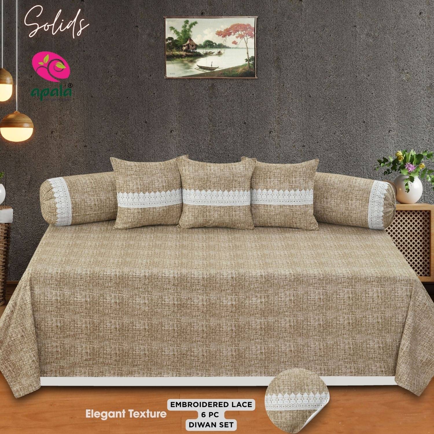 Apala Microfibre Embroidered Diwan Set 6 Pcs - Brown Apala Microfibre Embroidered Diwan Set 6 Pcs - Brown