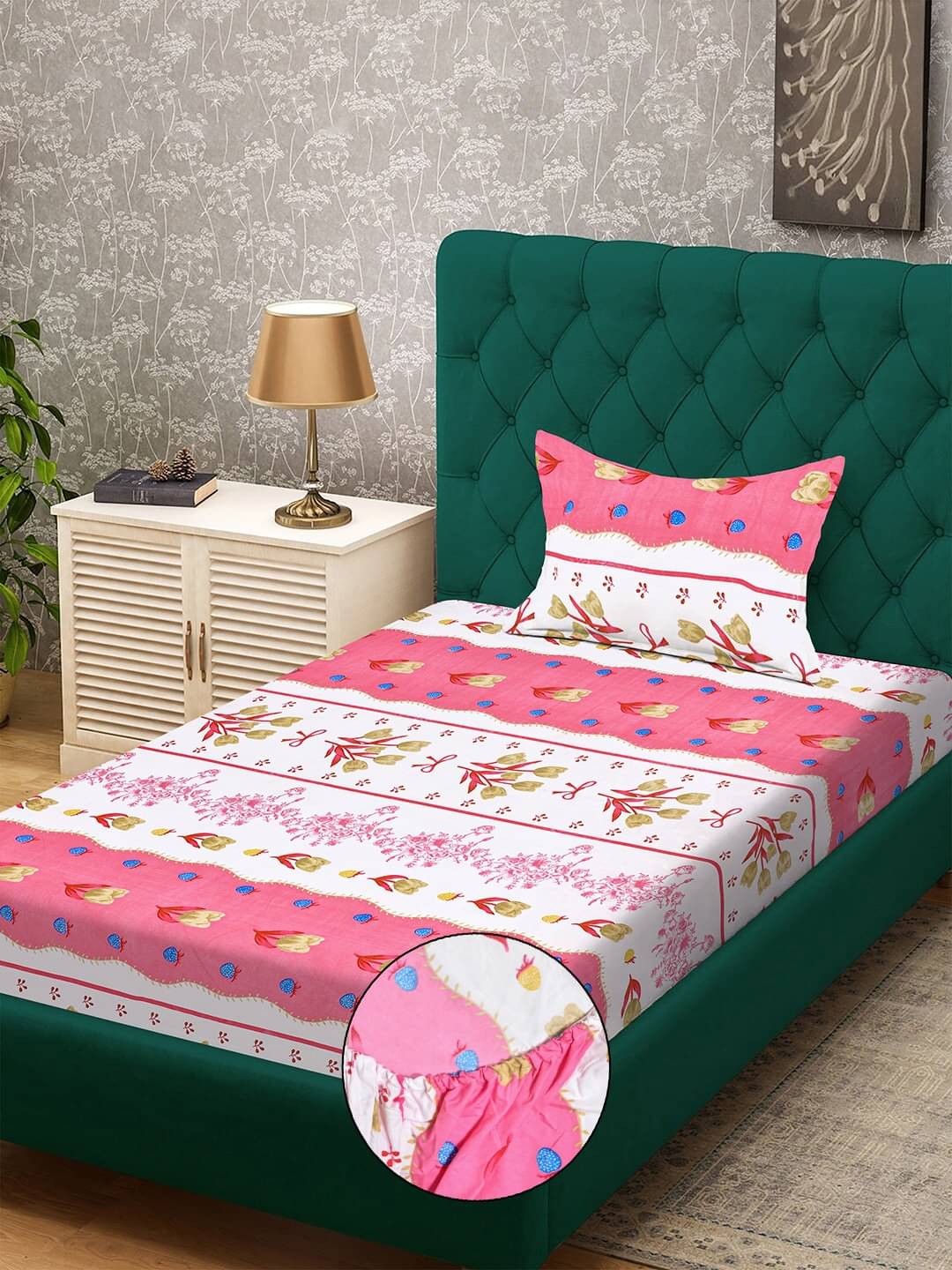     			Klotthe Poly Cotton 1 Single Bedsheet with 1 Pillow Cover ( Pink )