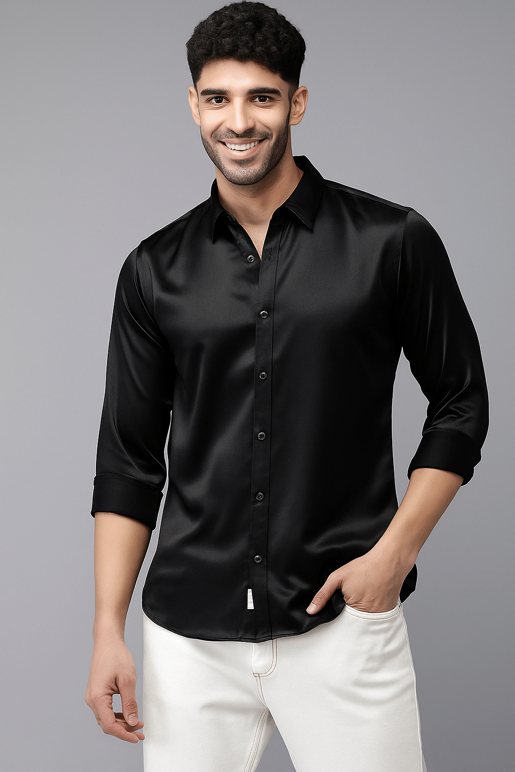     			NEW-18 Satin Regular Fit Solids Full Sleeves Men's Casual Shirt - Black ( Pack of 1 )