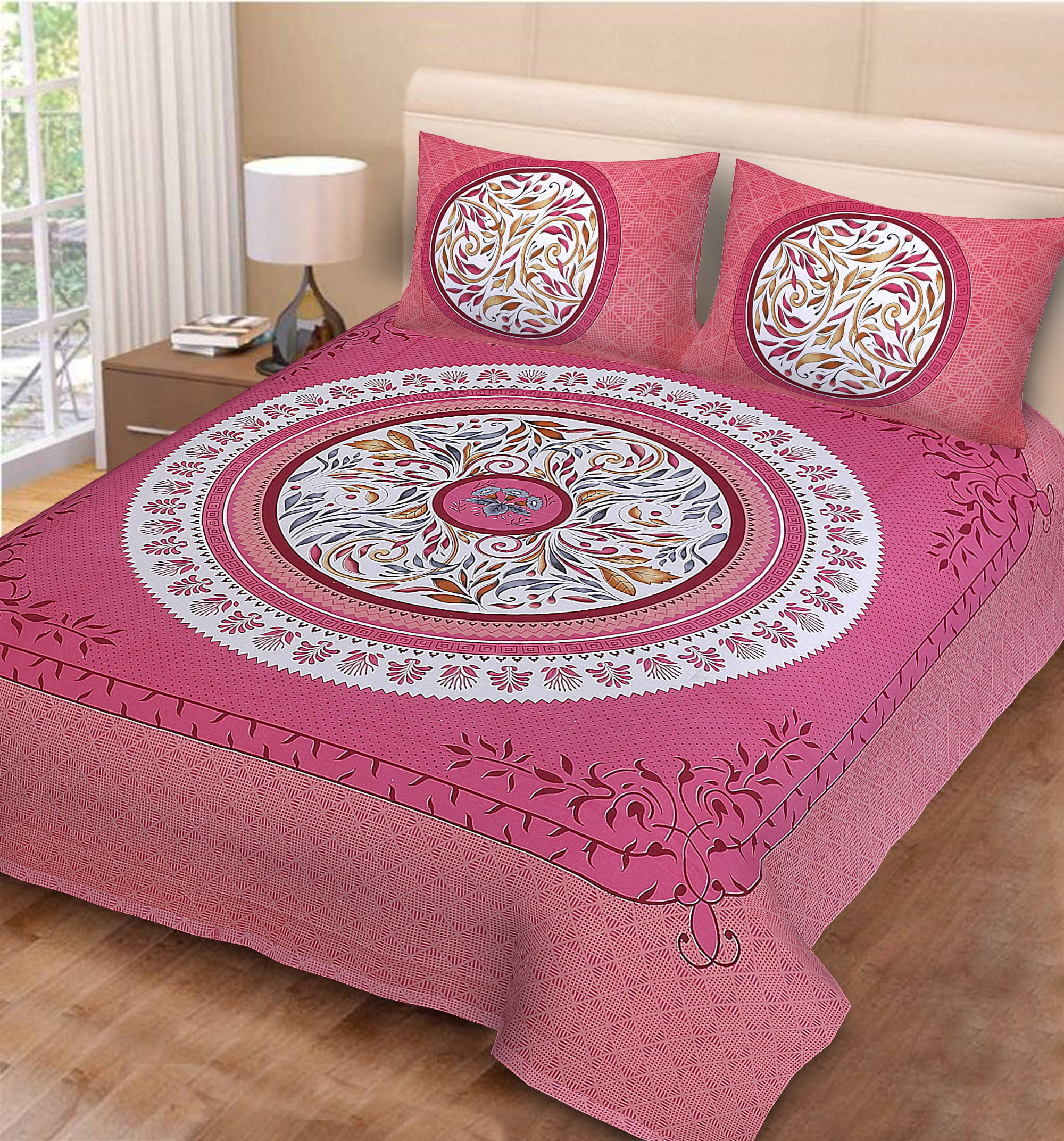 Navkaar Creation Cotton 1 Double Bedsheet with 2 Pillow Covers ( Pink ) Navkaar Creation Cotton 1 Double Bedsheet with 2 Pillow Covers ( Pink )