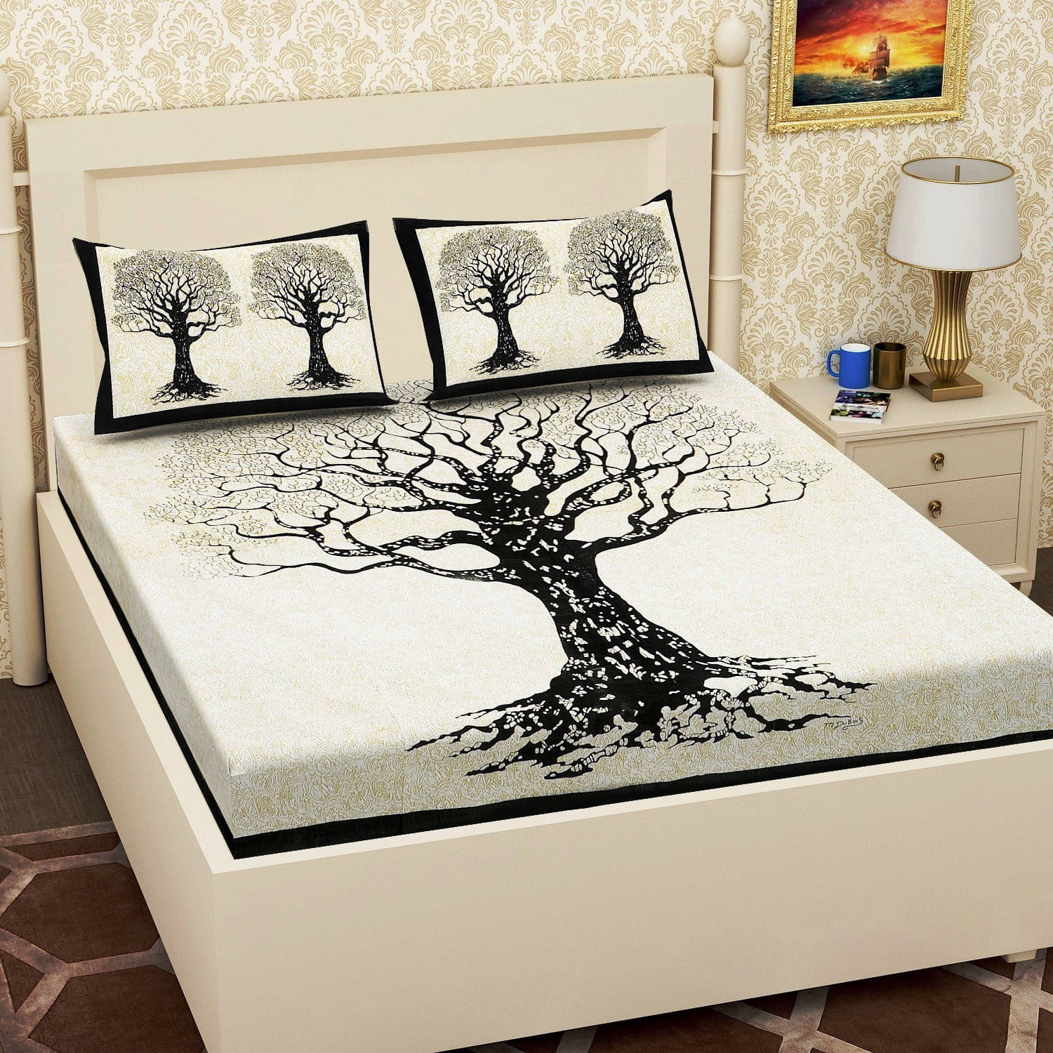     			Navkaar Creation Cotton 1 Double Bedsheet with 2 Pillow Covers ( Black )