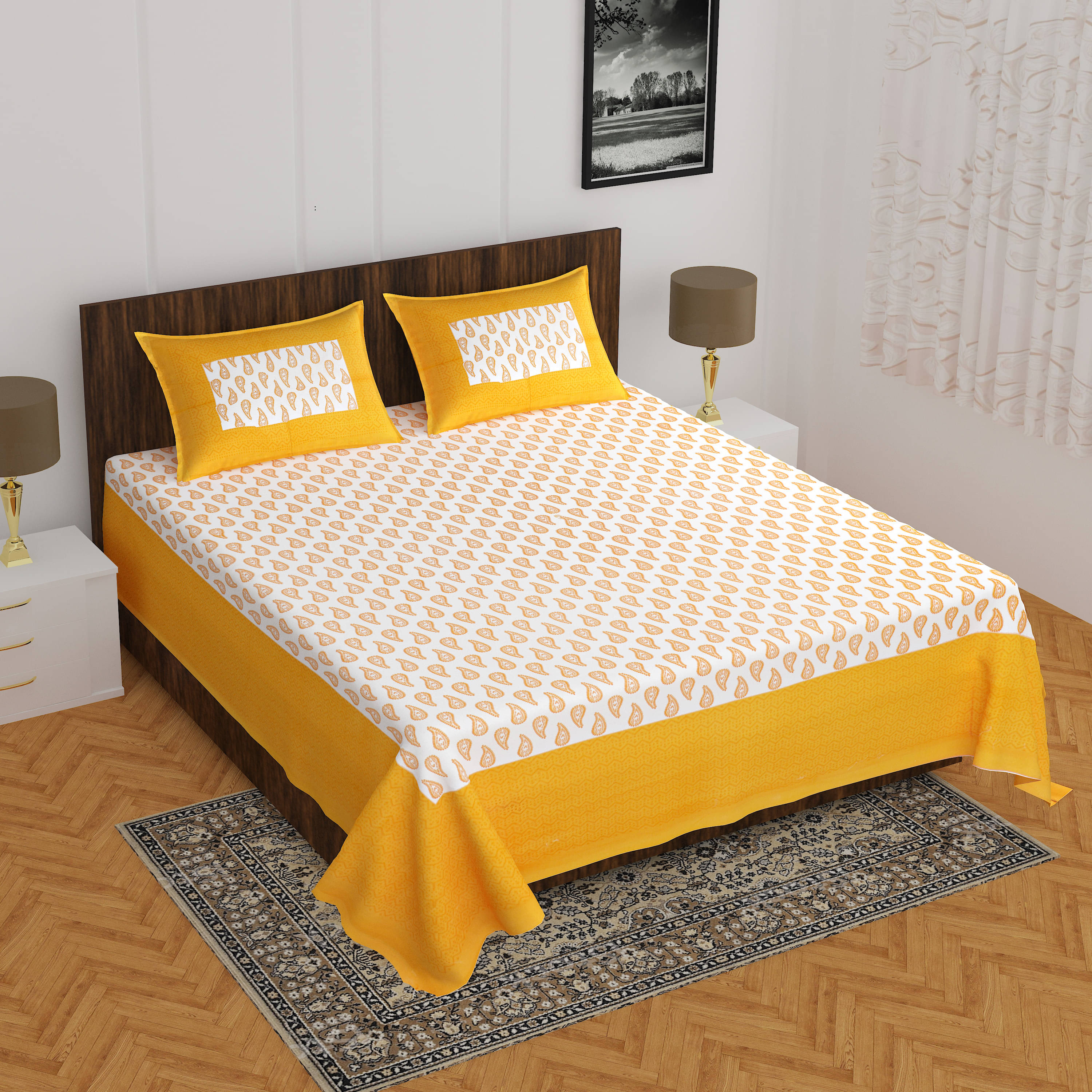 Navkaar Creation Cotton 1 Double Bedsheet with 2 Pillow Covers ( Yellow ) Navkaar Creation Cotton 1 Double Bedsheet with 2 Pillow Covers ( Yellow )