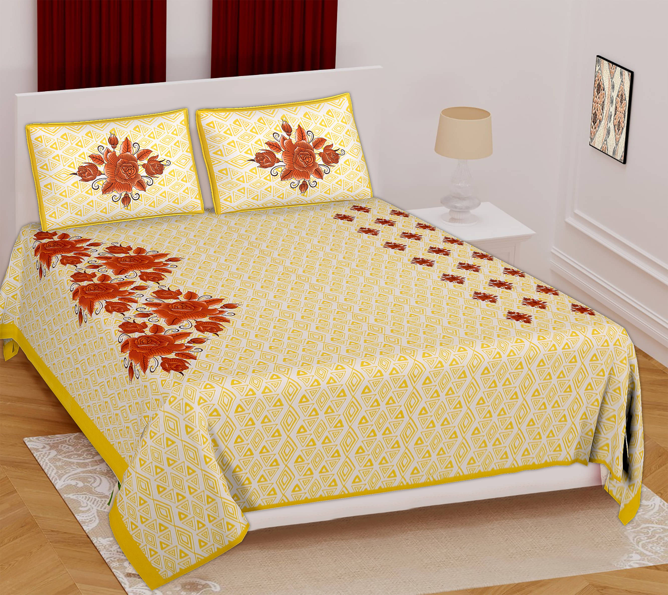     			Navkaar Creation Cotton 1 Double Bedsheet with 2 Pillow Covers ( Yellow )