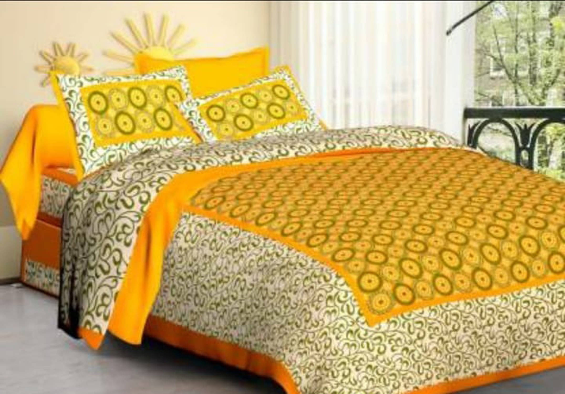     			Navkaar Creation Cotton 1 Double Bedsheet with 2 Pillow Covers ( Yellow )