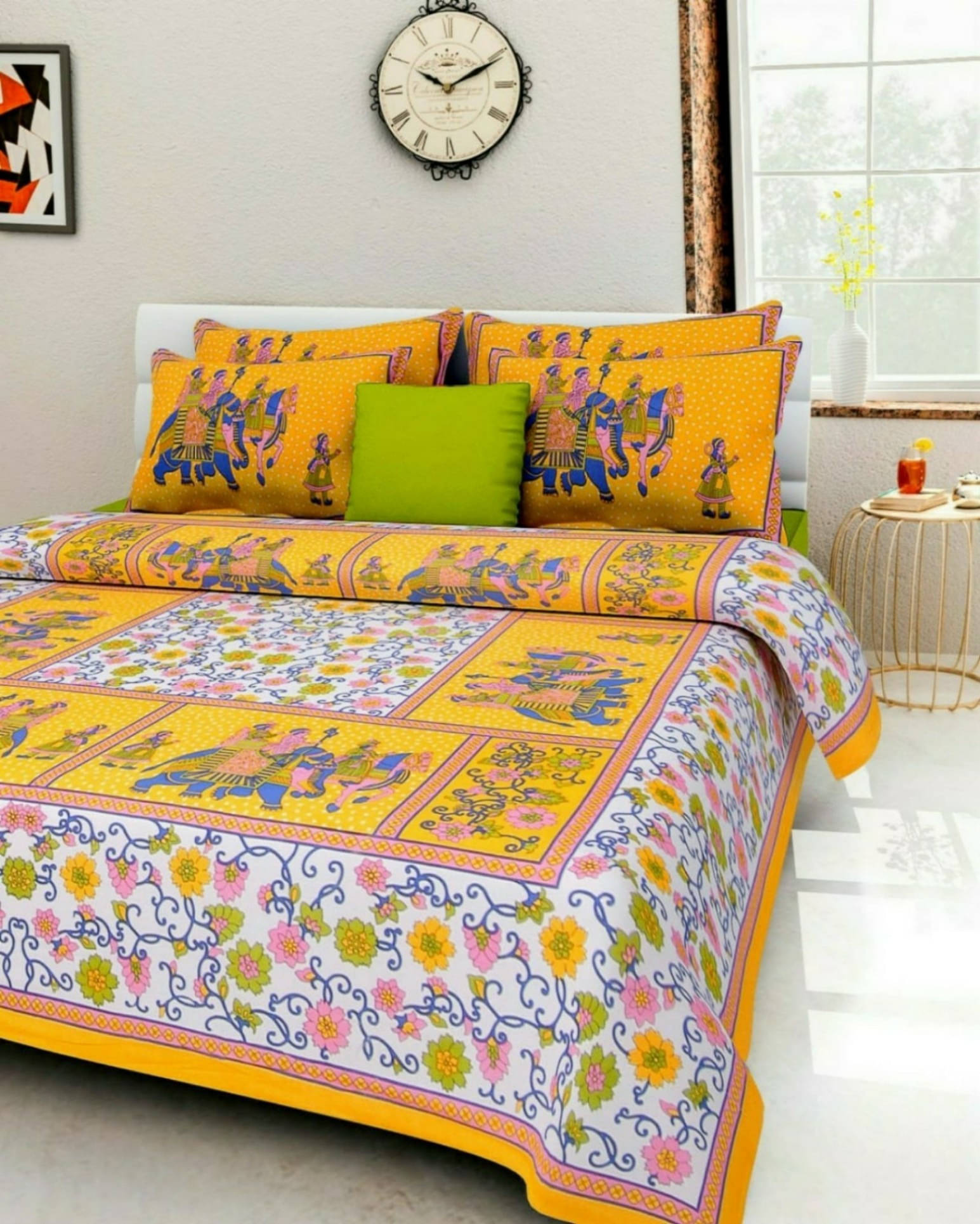     			Navkaar Creation Cotton 1 Double Bedsheet with 2 Pillow Covers ( Yellow )