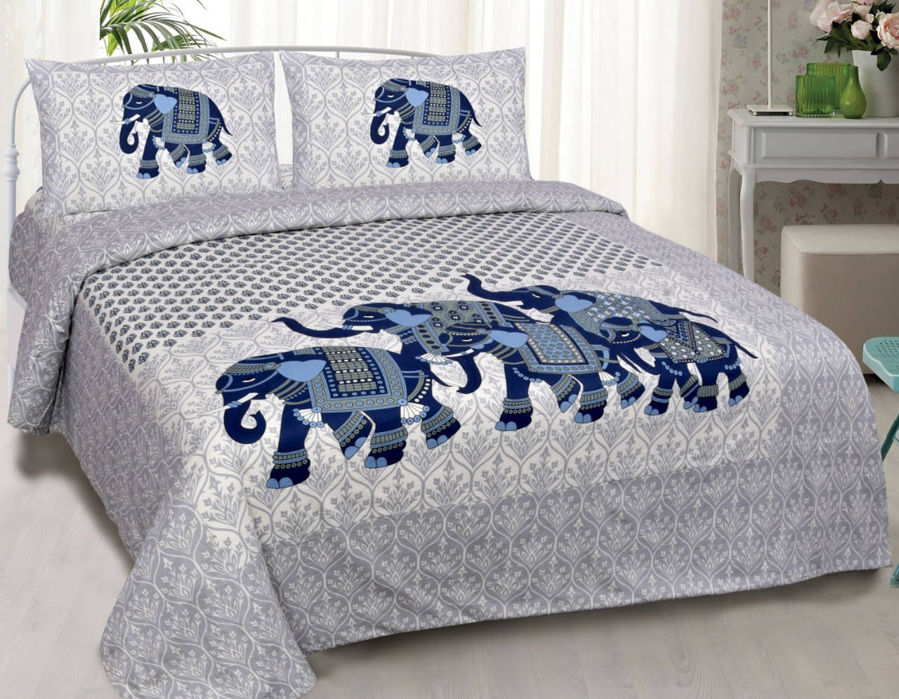     			Navkaar Creation Cotton 1 Double Bedsheet with 2 Pillow Covers ( Grey )