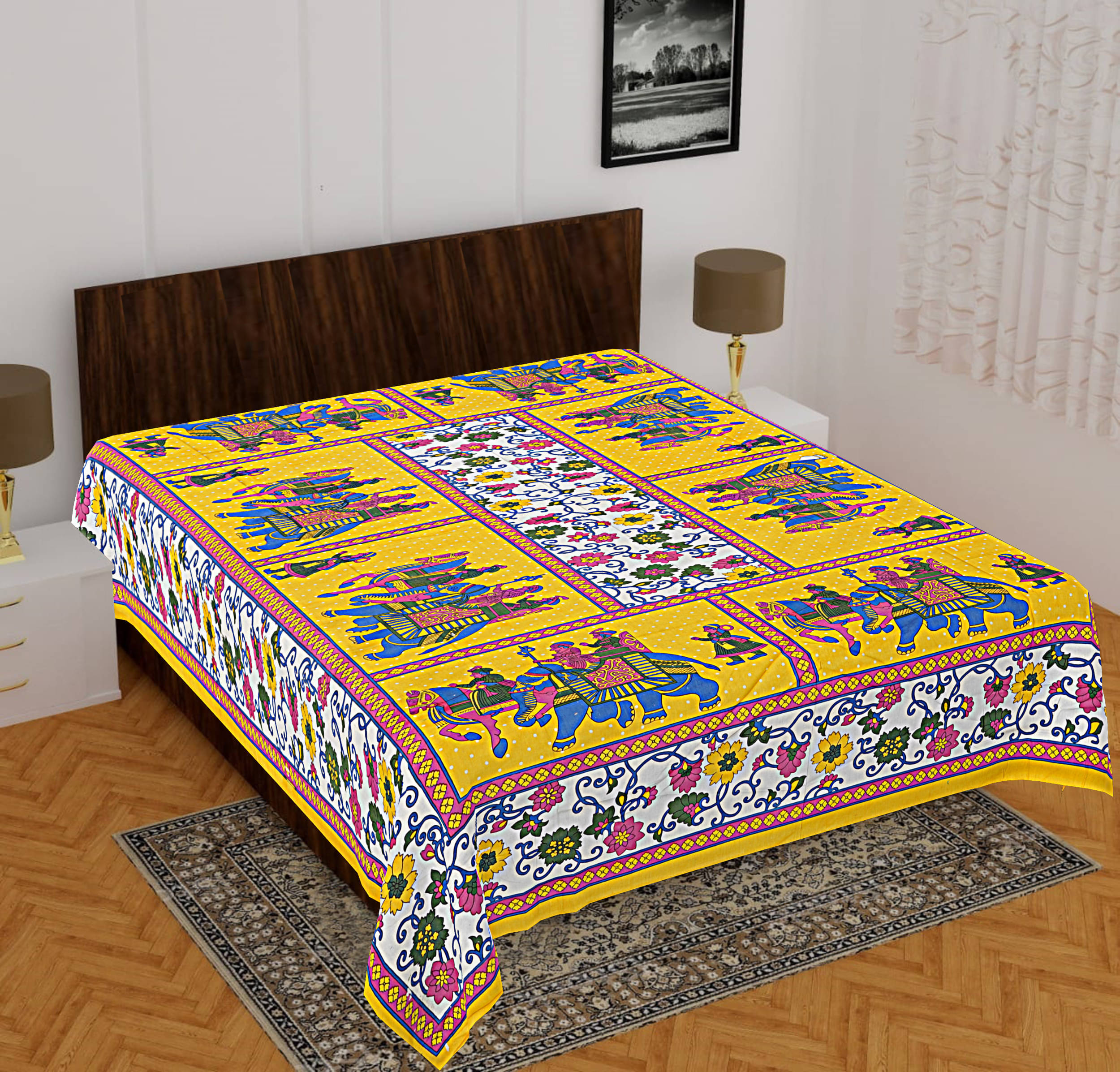     			Navkaar Creation Cotton 1 Double Bedsheet with 2 Pillow Covers ( Yellow )
