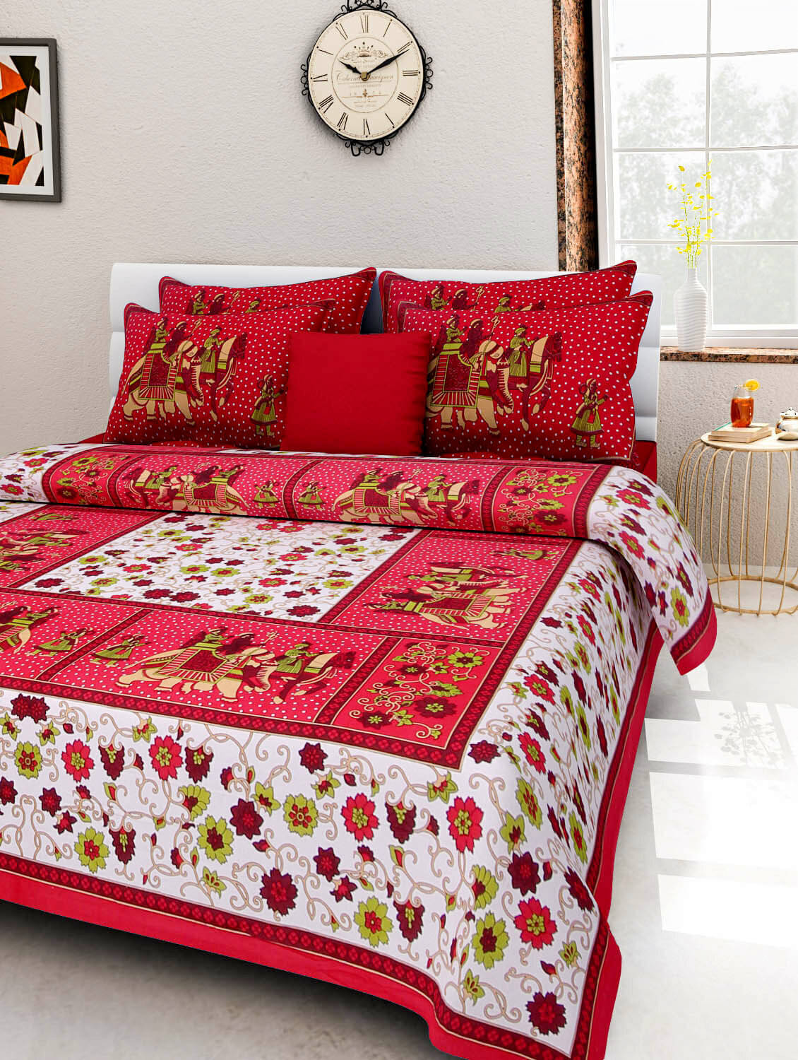     			Navkaar Creation Cotton 1 Double Bedsheet with 2 Pillow Covers ( Red )