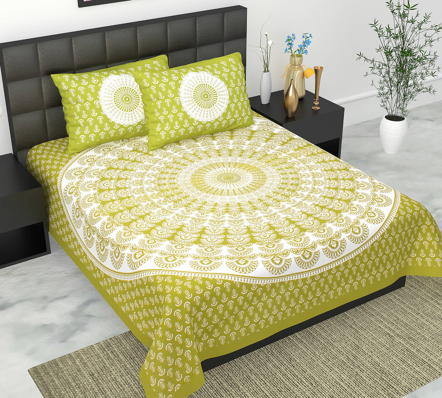    			Navkaar Creation Cotton 1 Double Bedsheet with 2 Pillow Covers ( Green )