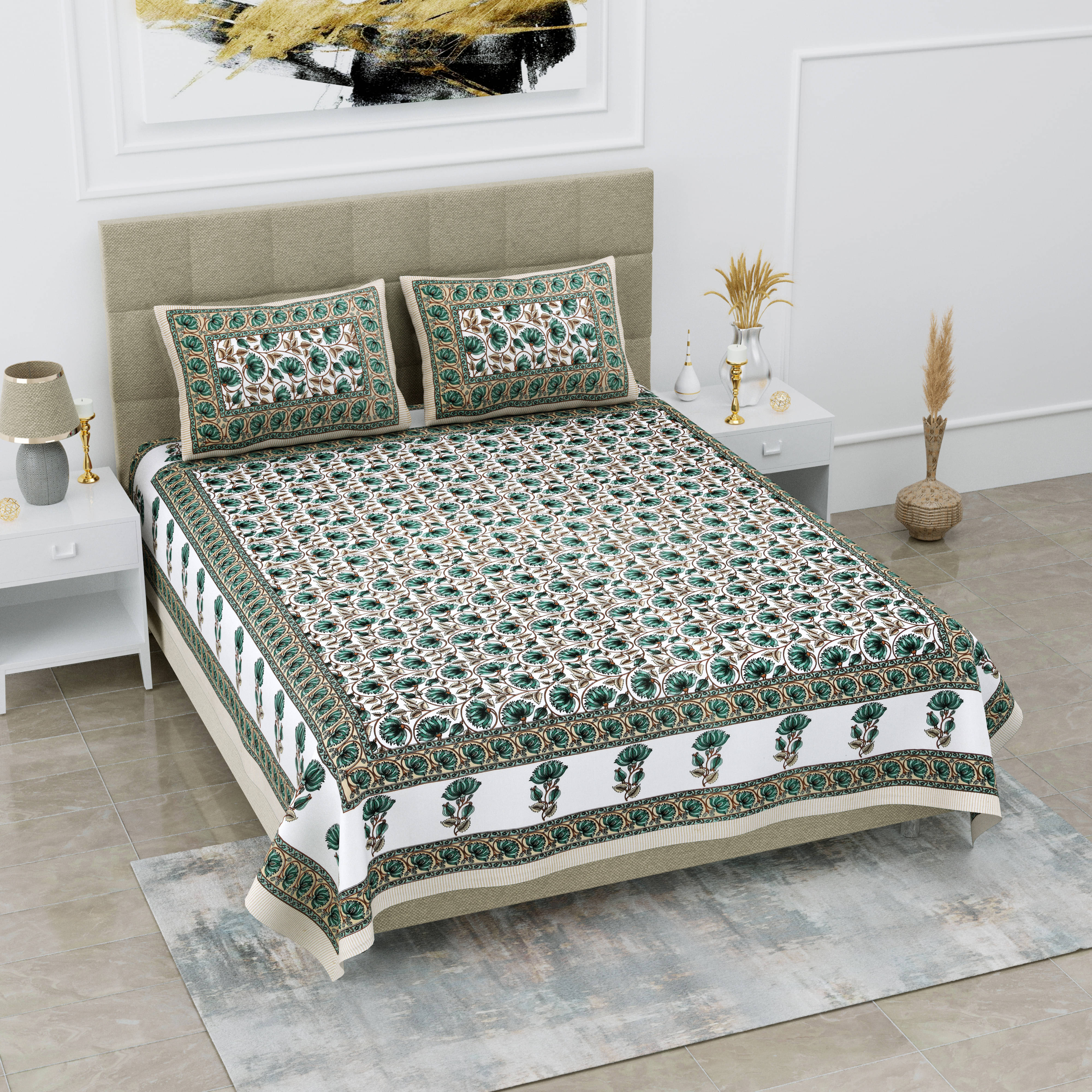 Navkaar Creation Cotton 1 Double Bedsheet with 2 Pillow Covers ( Green ) Navkaar Creation Cotton 1 Double Bedsheet with 2 Pillow Covers ( Green )