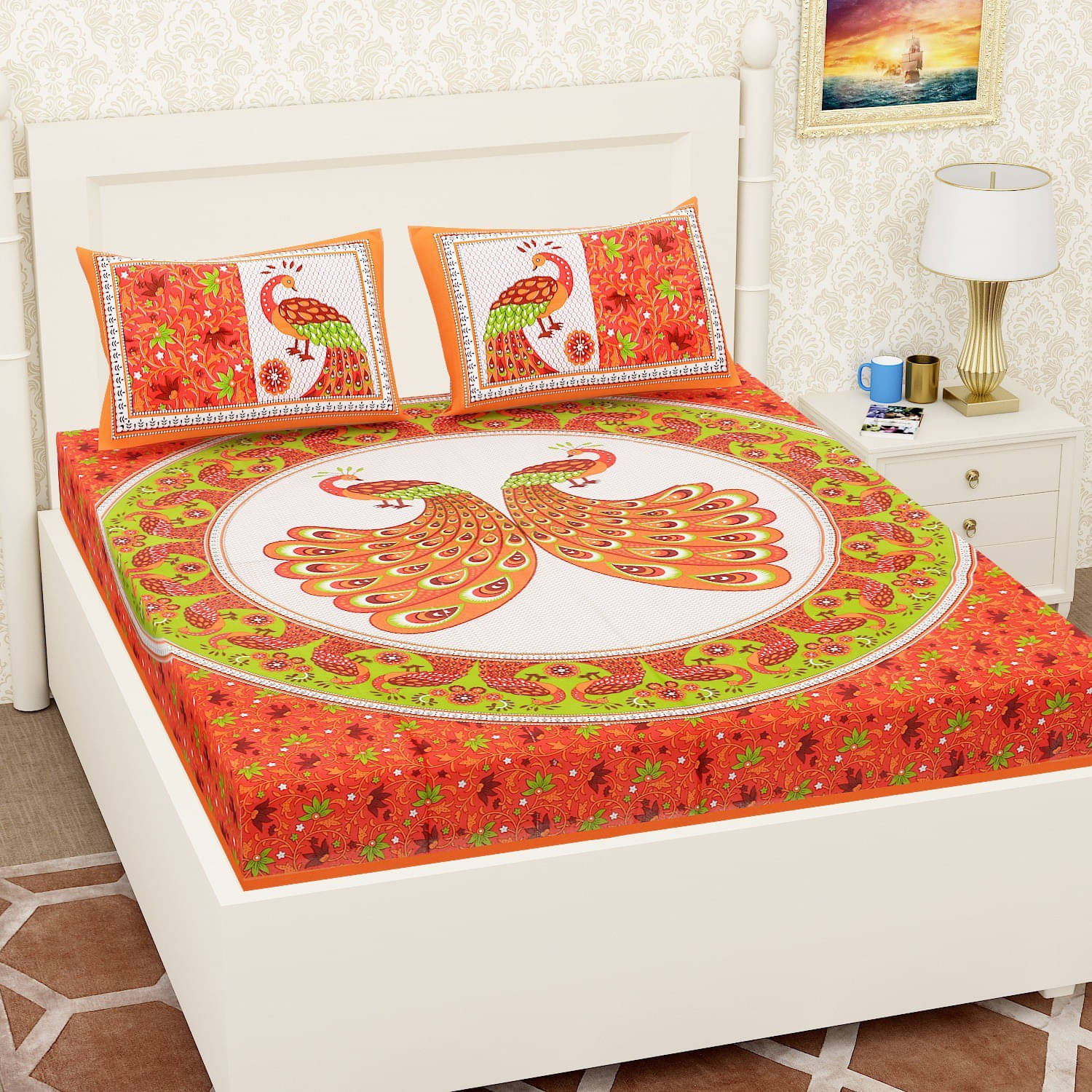     			Navkaar Creation Cotton 1 Double Bedsheet with 2 Pillow Covers ( Orange )