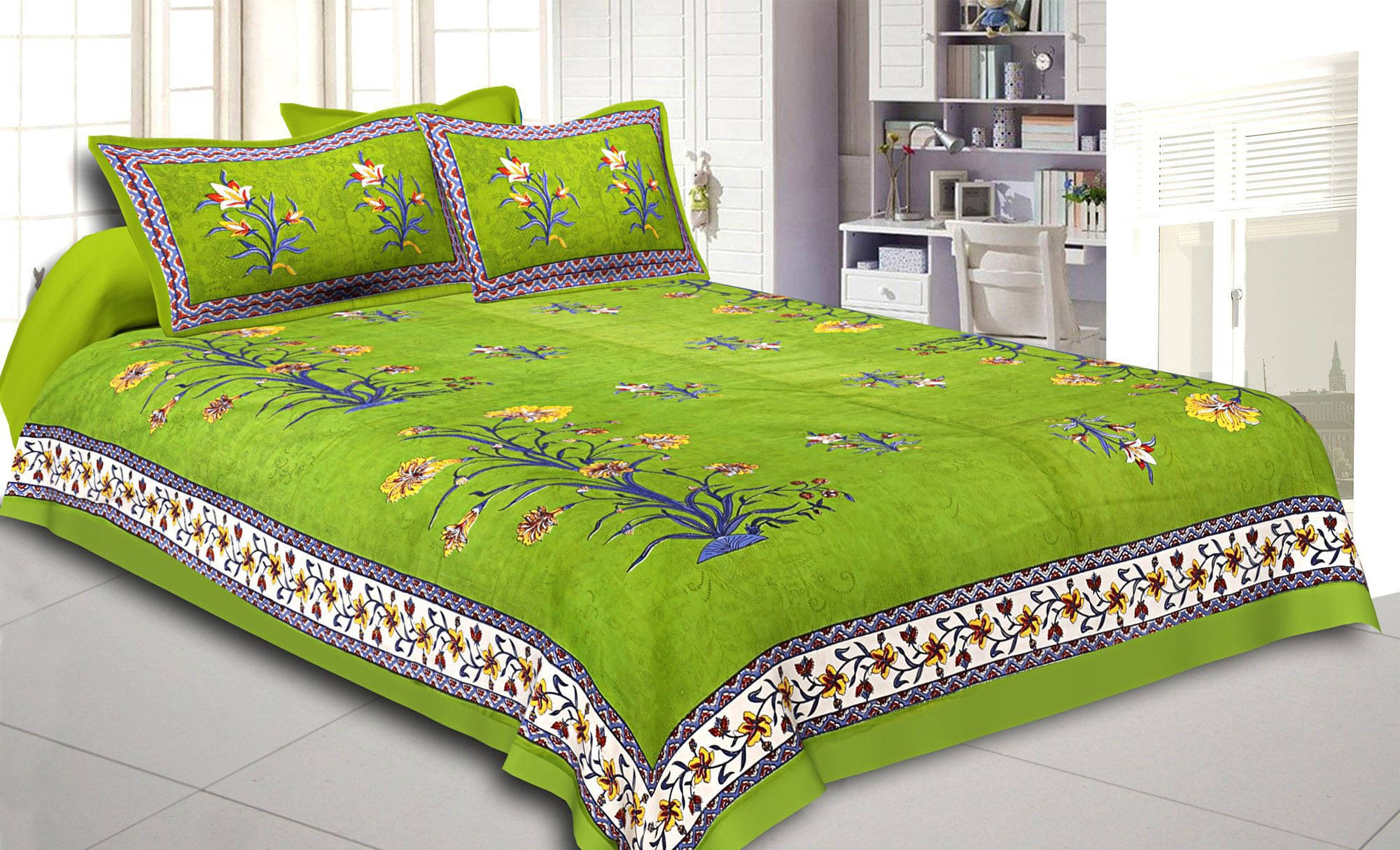     			Navkaar Creation Cotton 1 Double Bedsheet with 2 Pillow Covers ( Green )