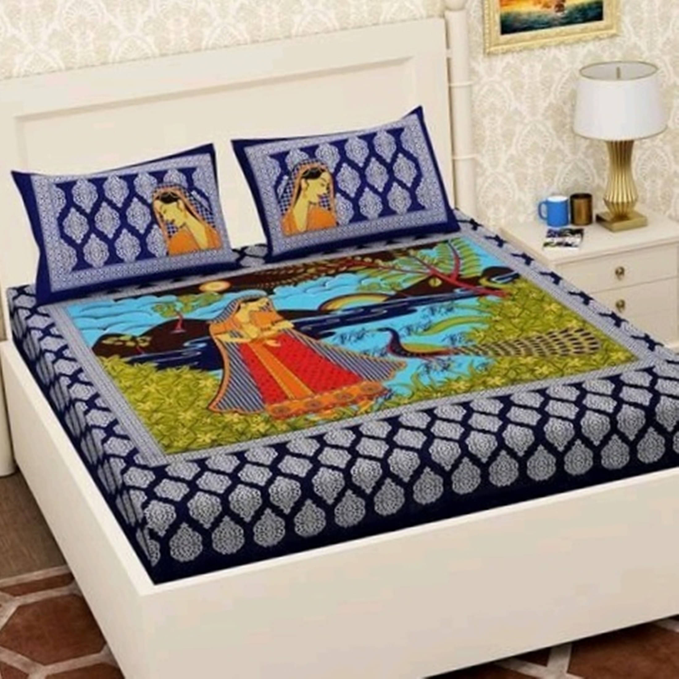     			Navkaar Creation Cotton 1 Double Bedsheet with 2 Pillow Covers ( Blue )