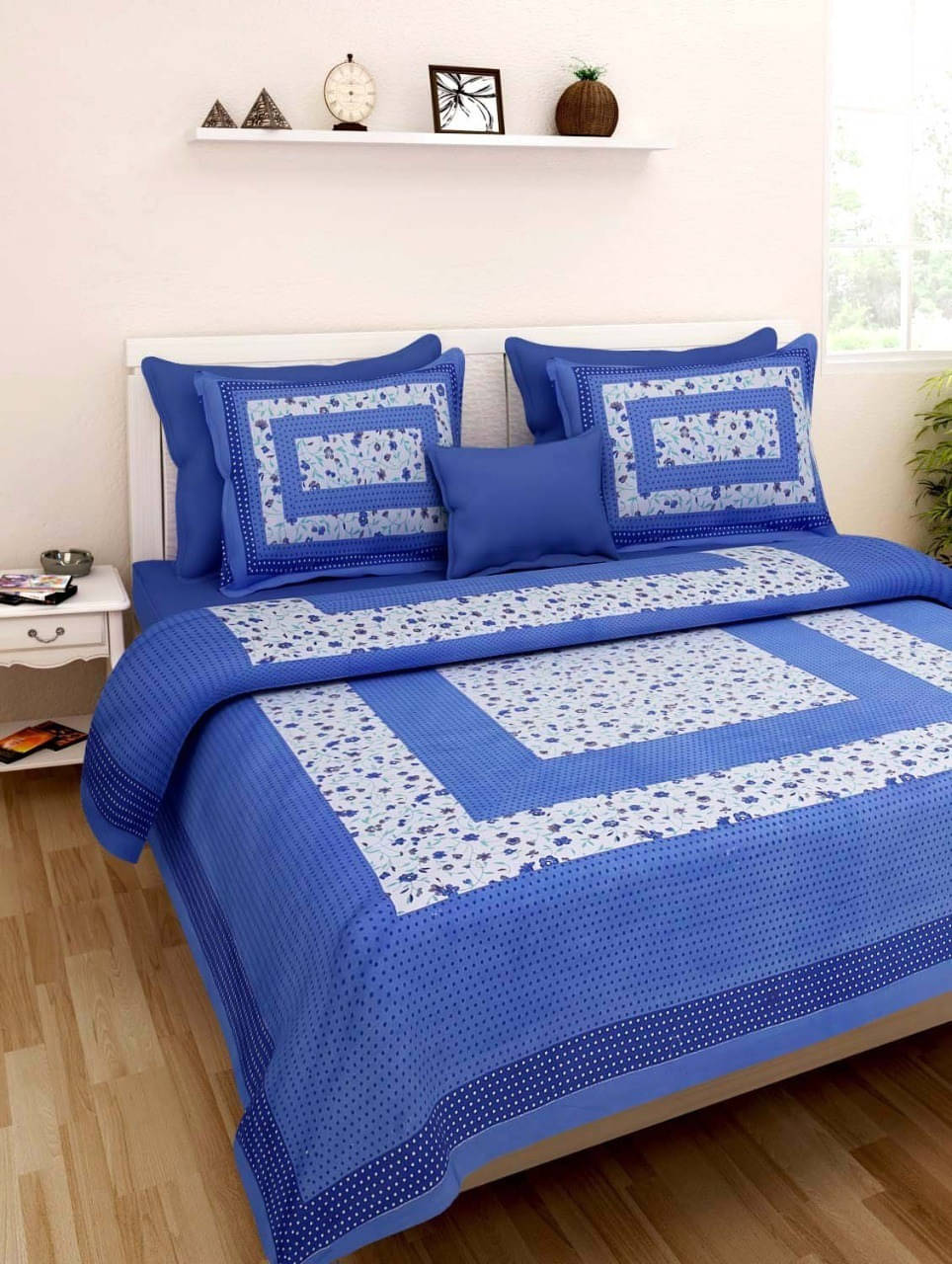     			Navkaar Creation Cotton 1 Double Bedsheet with 2 Pillow Covers ( Blue )