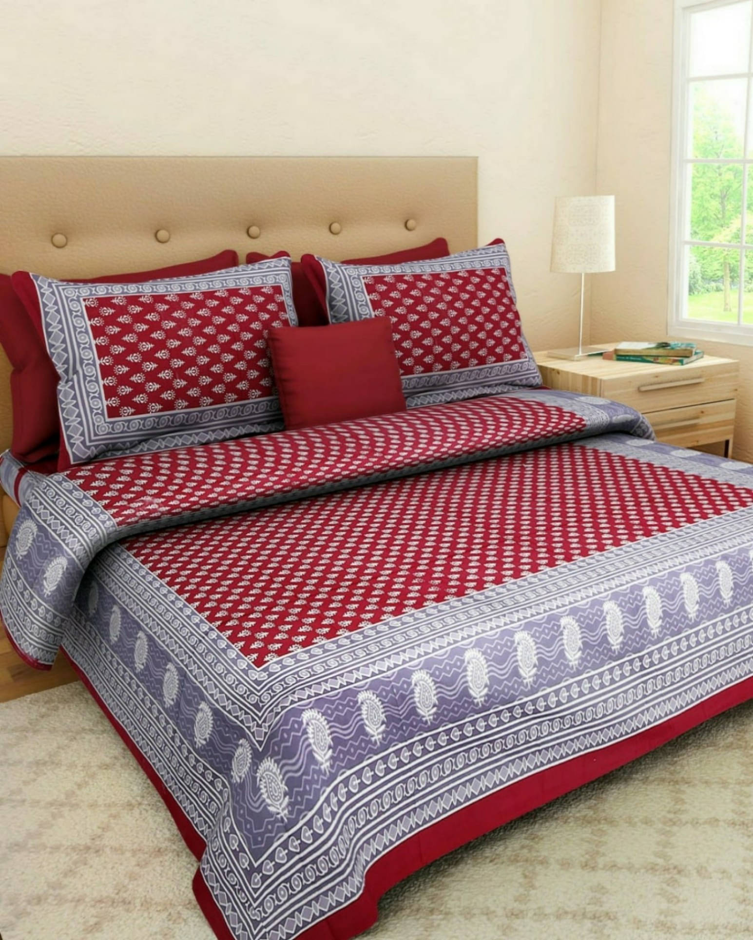Navkaar Creation Cotton 1 Double Bedsheet with 2 Pillow Covers ( Red )     			Navkaar Creation Cotton 1 Double Bedsheet with 2 Pillow Covers ( Red )