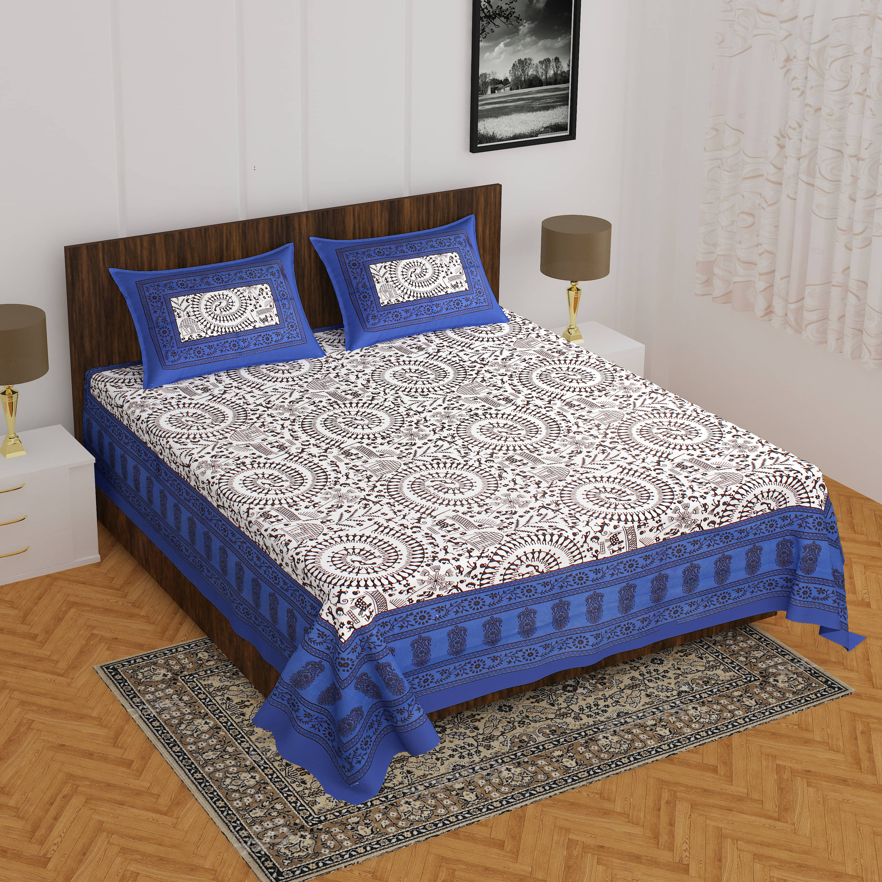     			Navkaar Creation Cotton 1 Double Bedsheet with 2 Pillow Covers ( Blue )
