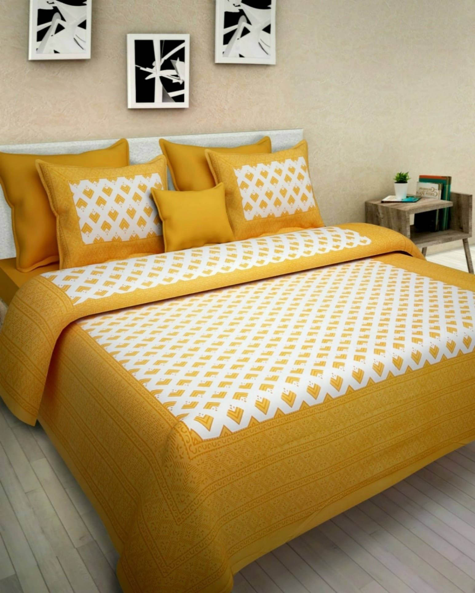    			Navkaar Creation Cotton 1 Double Bedsheet with 2 Pillow Covers ( Yellow )