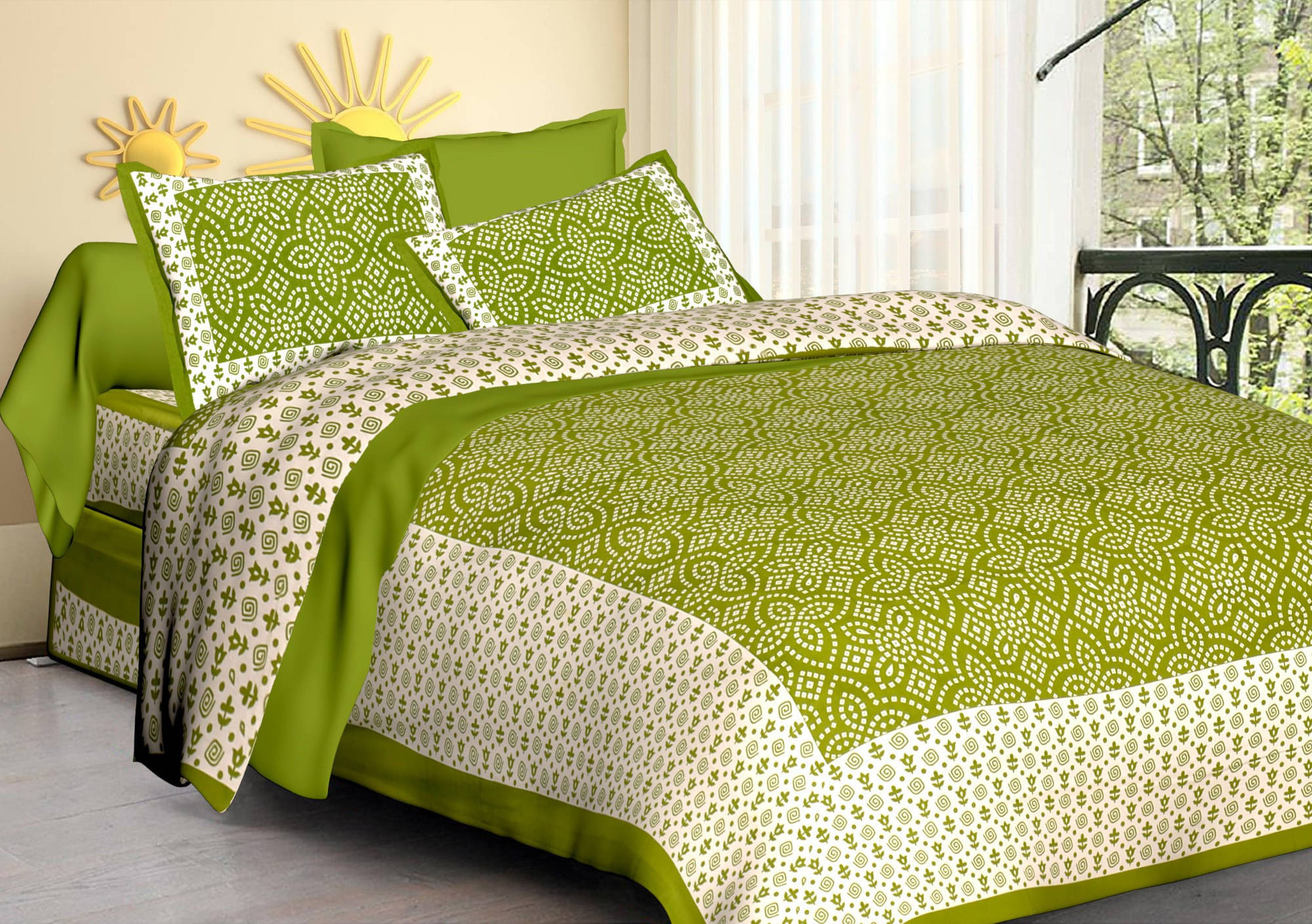     			Navkaar Creation Cotton 1 Double Bedsheet with 2 Pillow Covers ( Green )