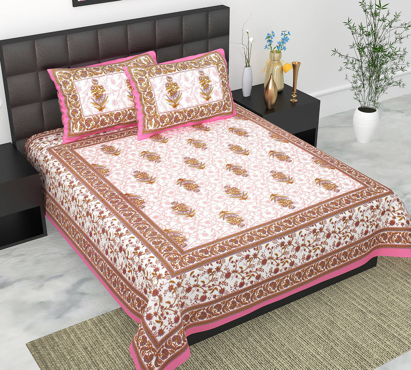     			Navkaar Creation Cotton 1 Double Bedsheet with 2 Pillow Covers ( Pink )