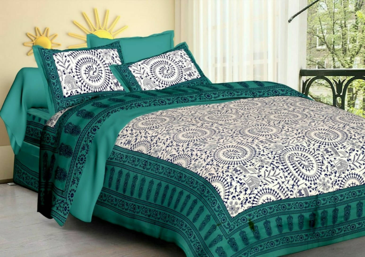     			Navkaar Creation Cotton 1 Double Bedsheet with 2 Pillow Covers ( Green )