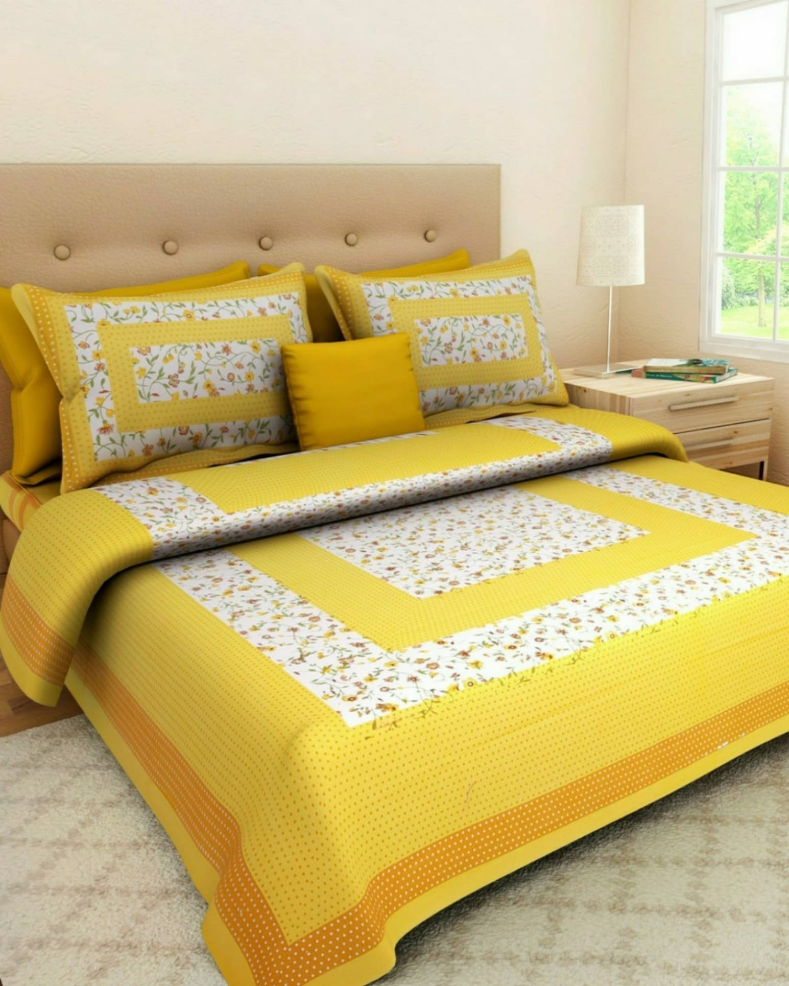     			Navkaar Creation Cotton 1 Double Bedsheet with 2 Pillow Covers ( Yellow )